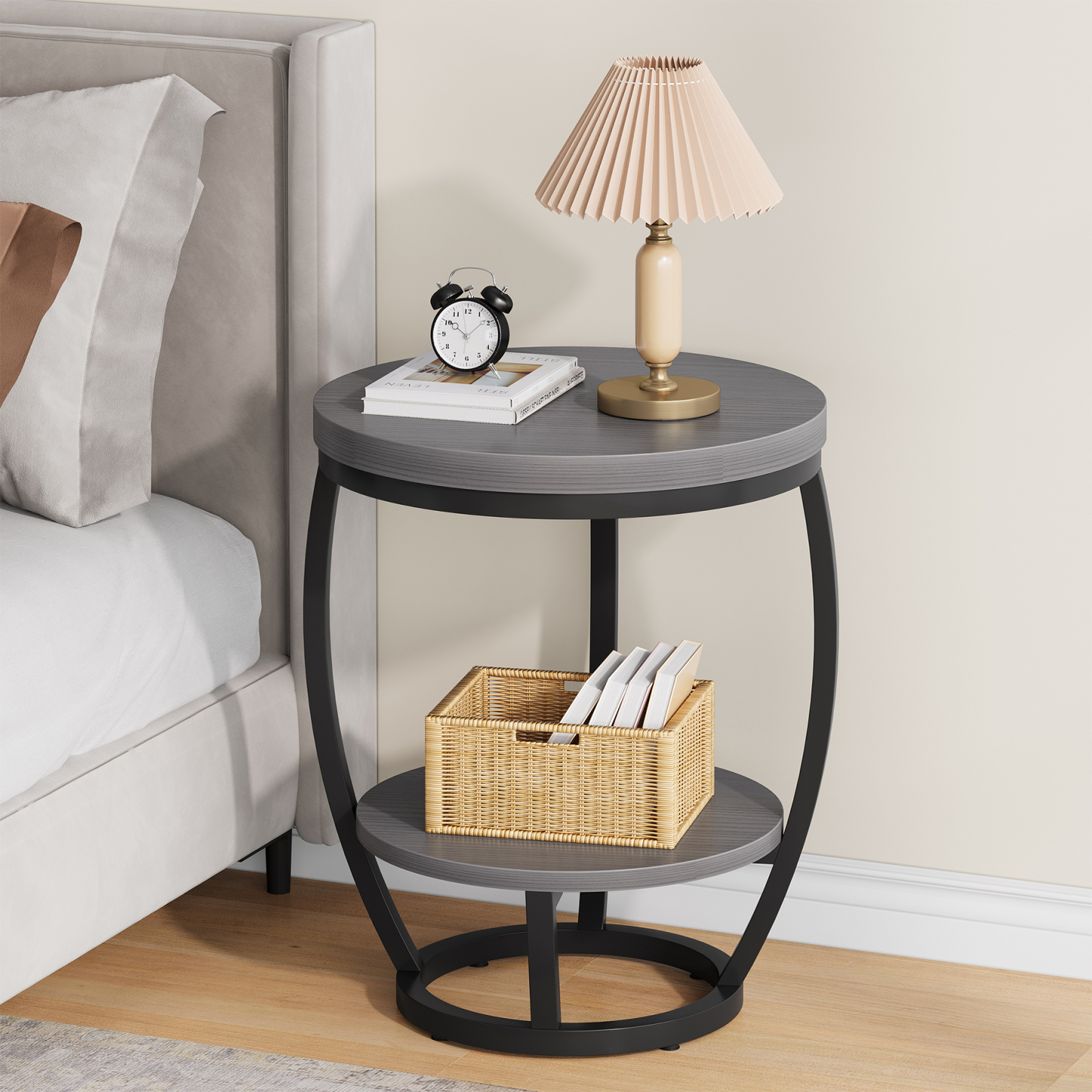 2-Tier Round End Table for Bedroom, Living Room, Small Spaces