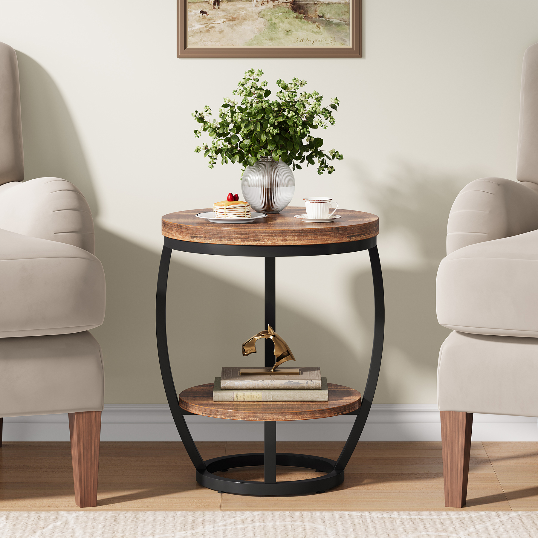 2-Tier Round End Table for Bedroom, Living Room, Small Spaces