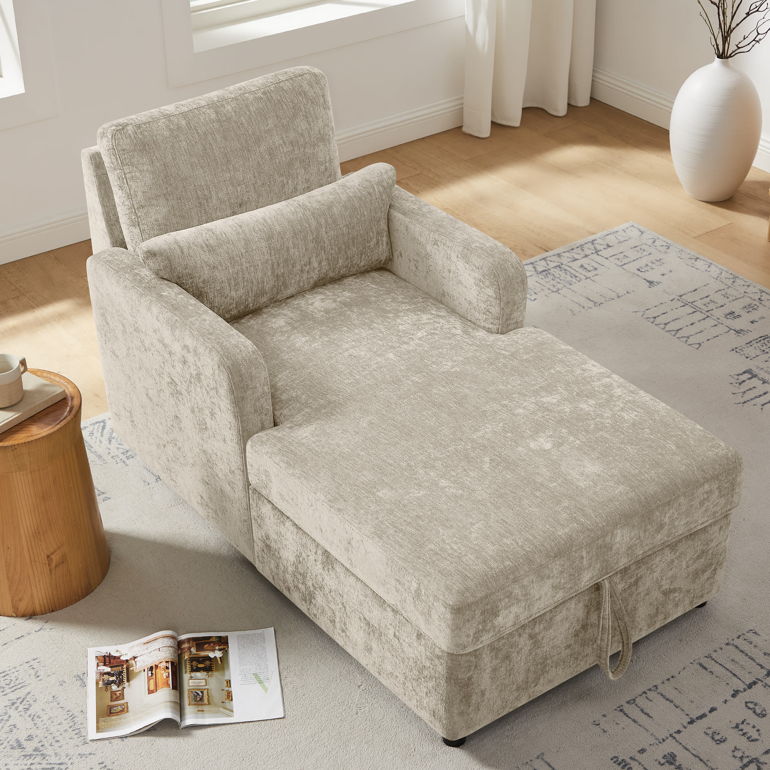 Adjustable Chaise Lounge Chair with Storage and Pillows in Soft Chenille for Living room