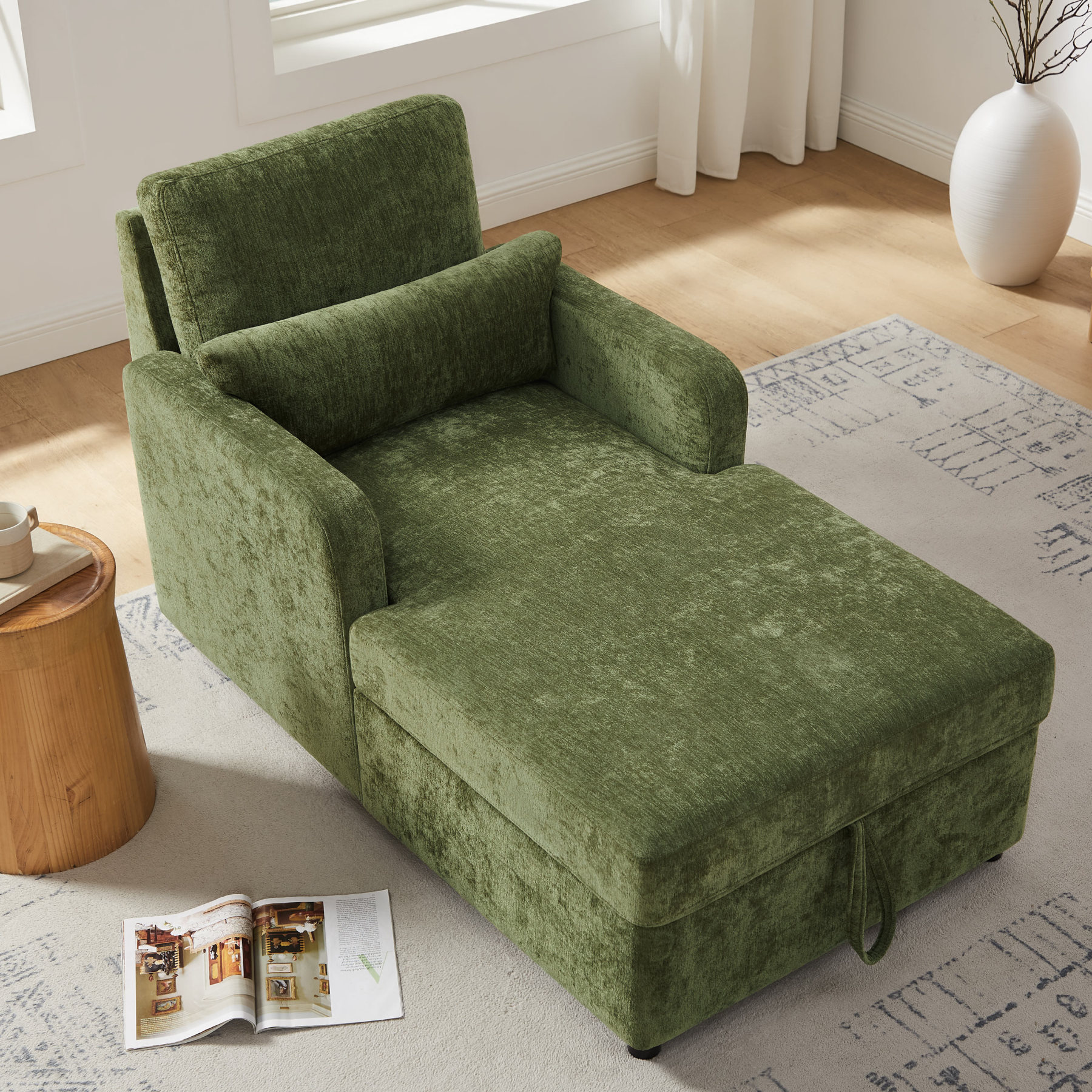 Adjustable Chaise Lounge Chair with Storage and Pillows in Soft Chenille for Living room