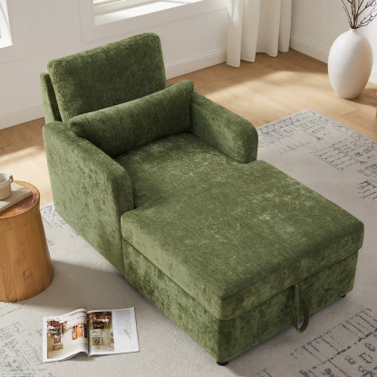 Adjustable Chaise Lounge Chair with Storage and Pillows in Soft Chenille for Living room