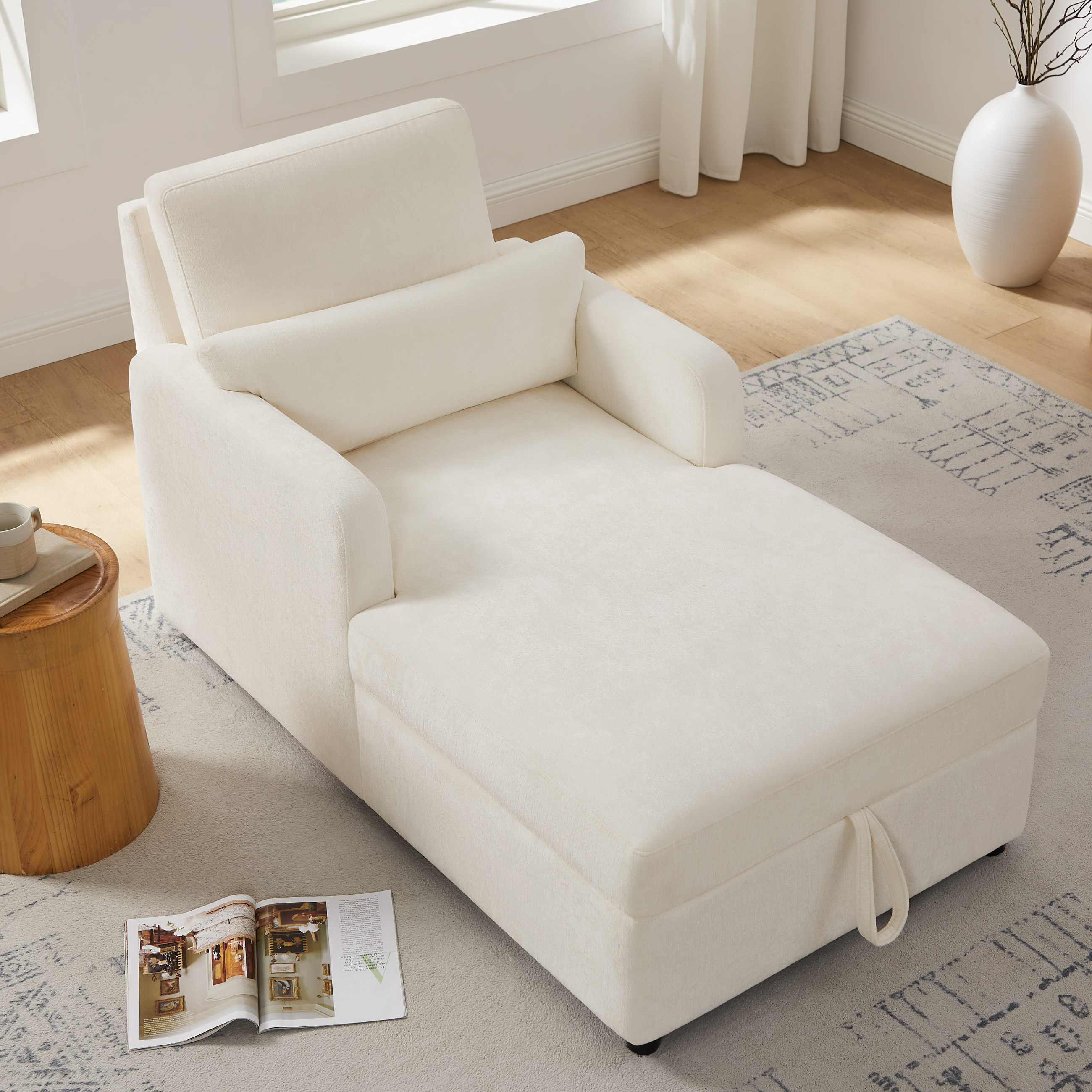 Adjustable Chaise Lounge Chair with Storage and Pillows in Soft Chenille for Living room