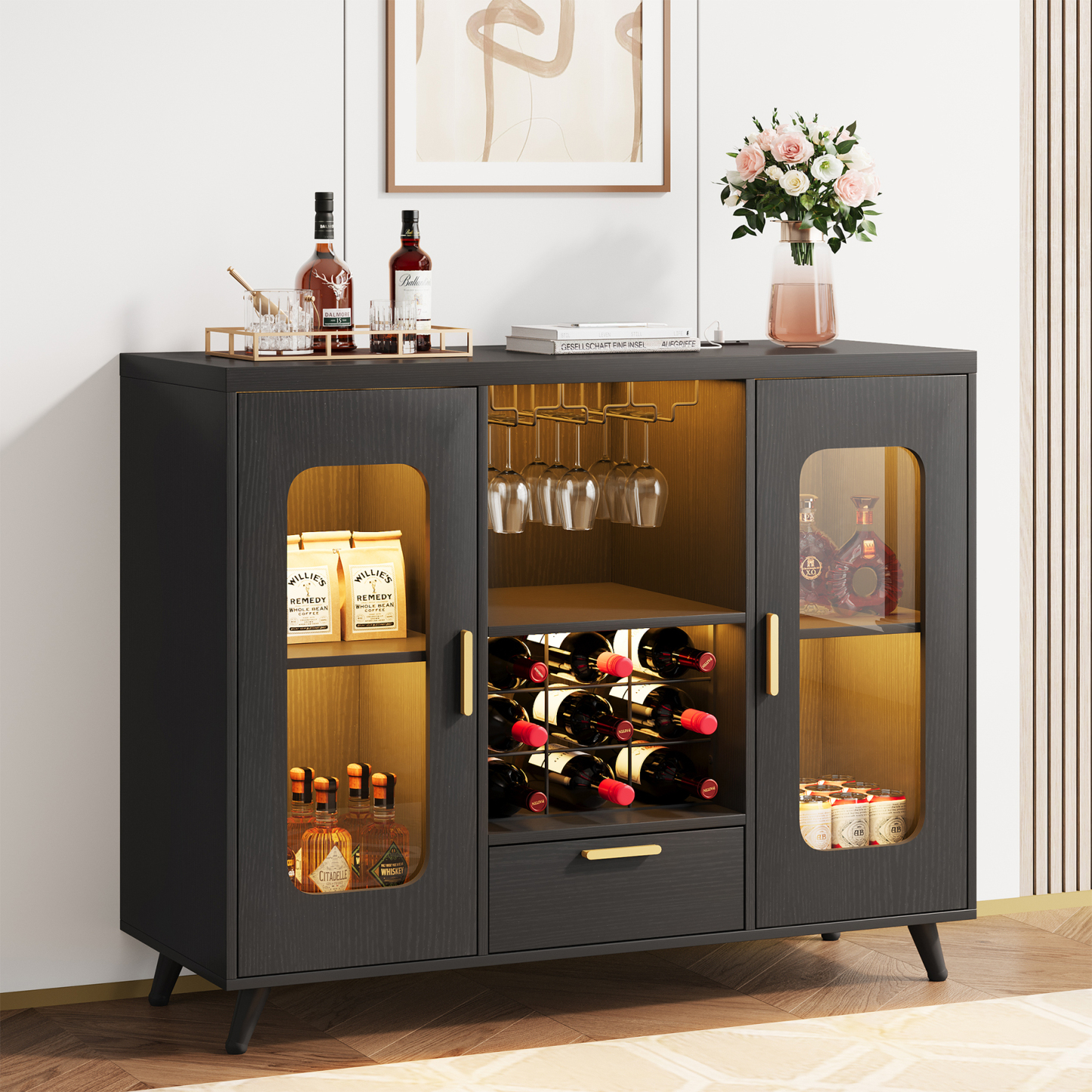 39.37'' Wine Bar Cabinet with LED, Outlet, Wine Rack and Glass Holder