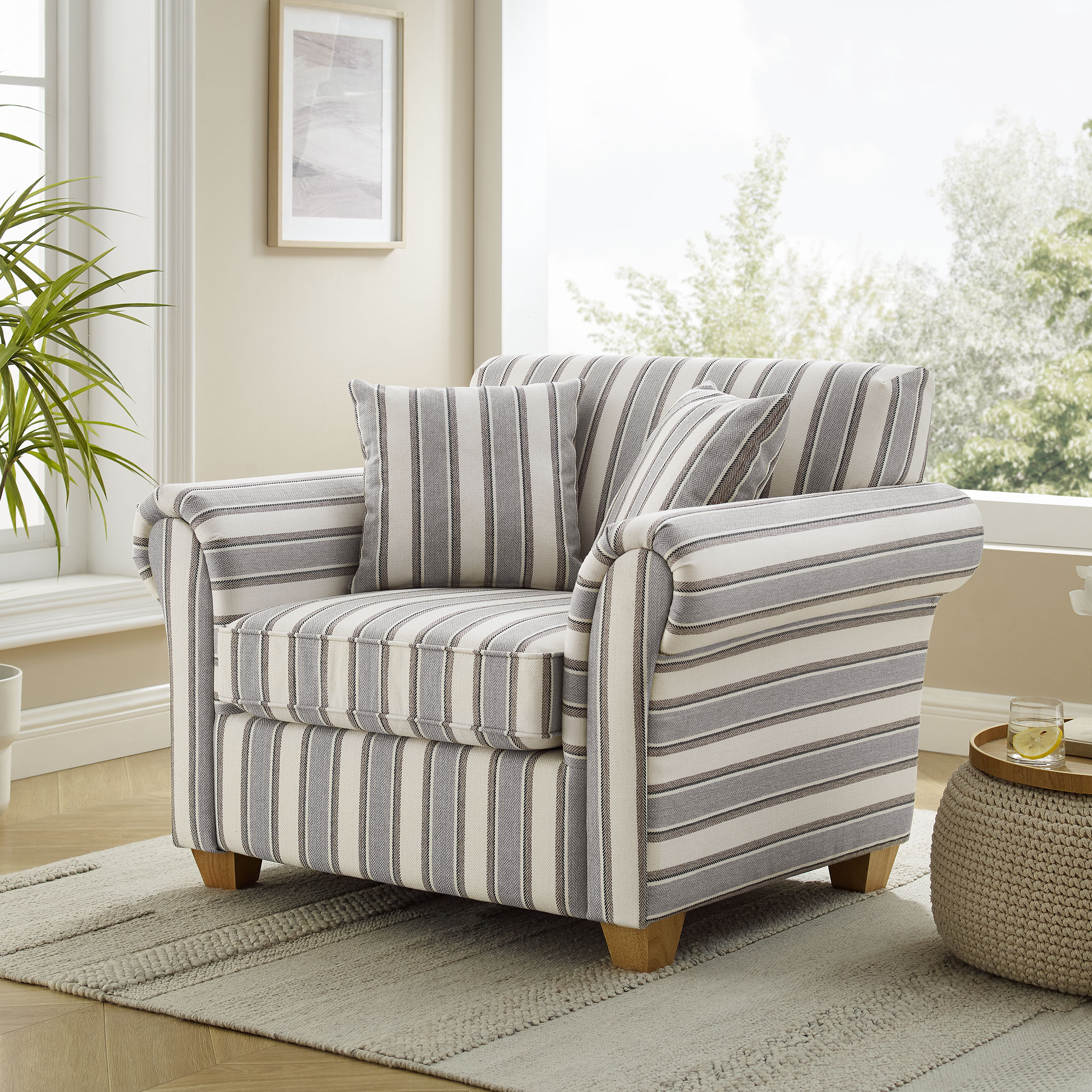 Striped Upholstered Accent Chair with Wood Legs