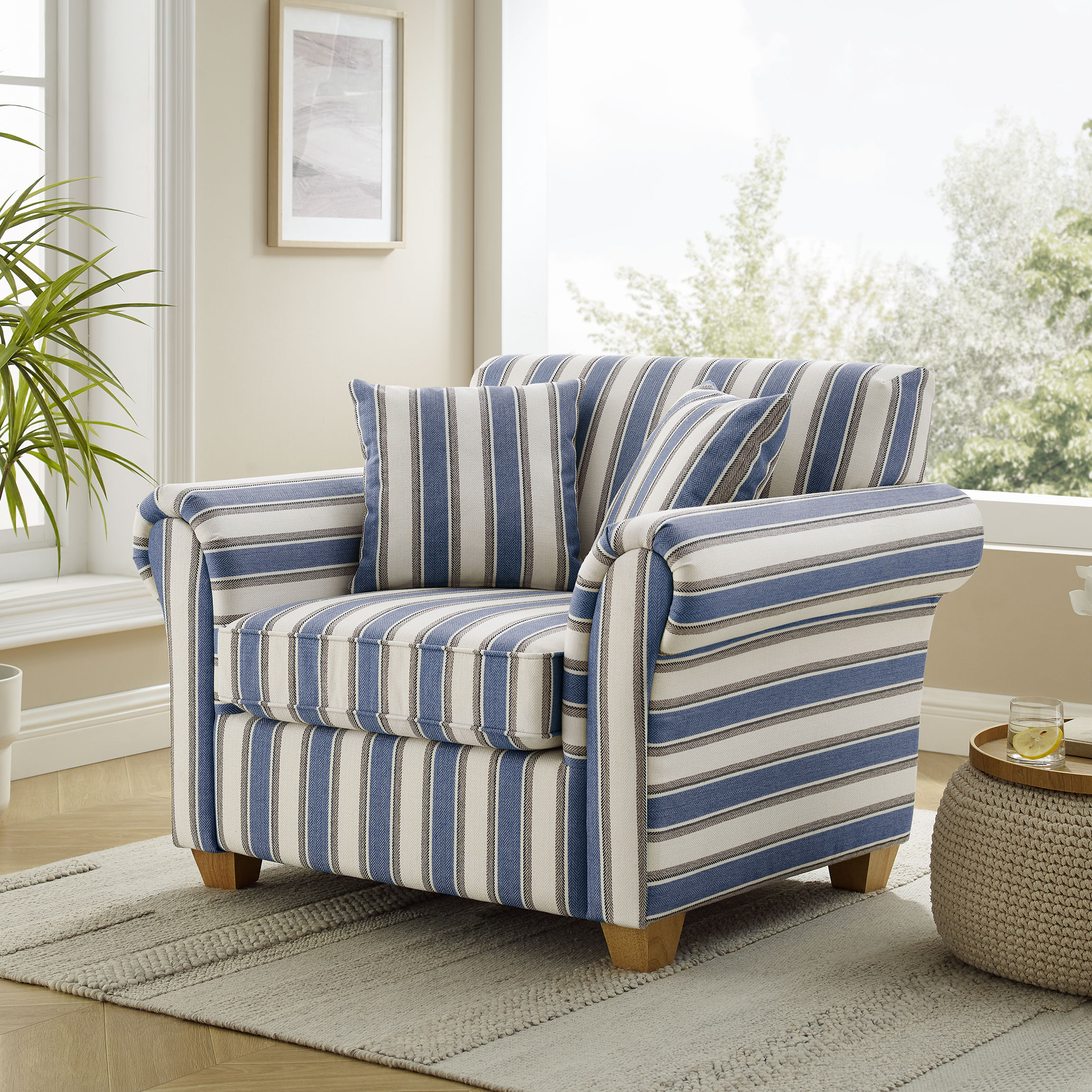 Striped Upholstered Accent Chair with Wood Legs
