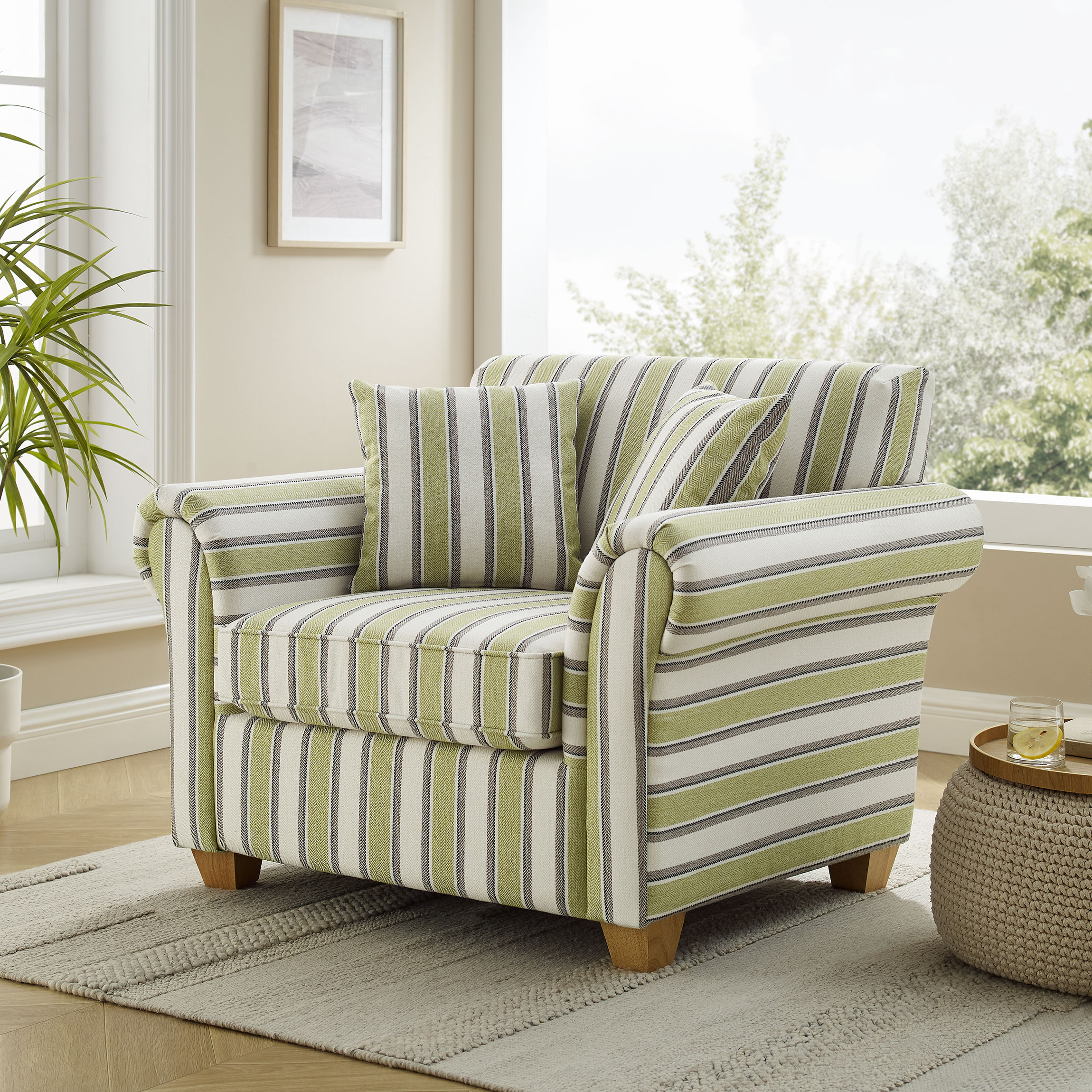 Striped Upholstered Accent Chair with Wood Legs