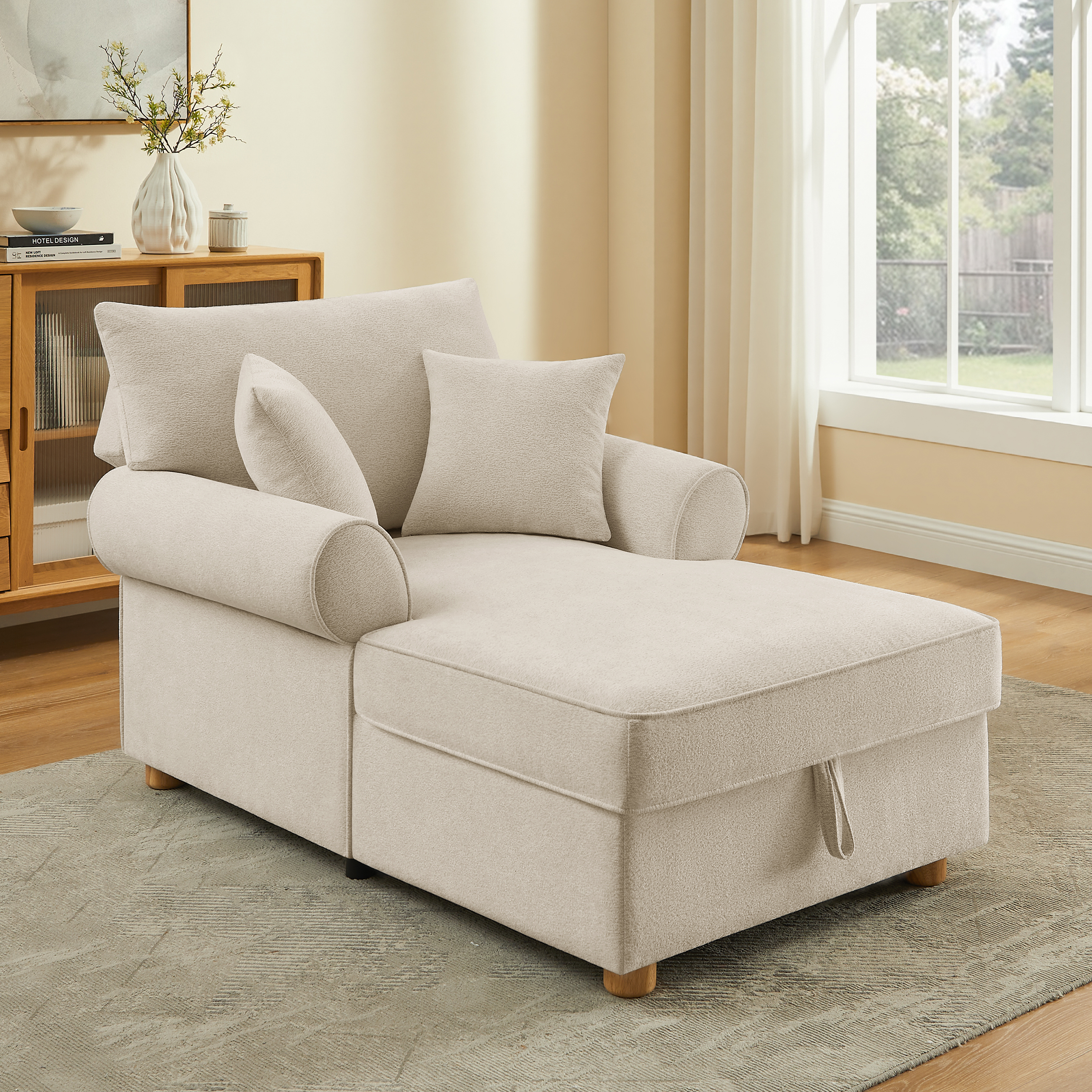 Adjustable Chaise Lounge Chair with Storage Chenille Pillows for Living Room