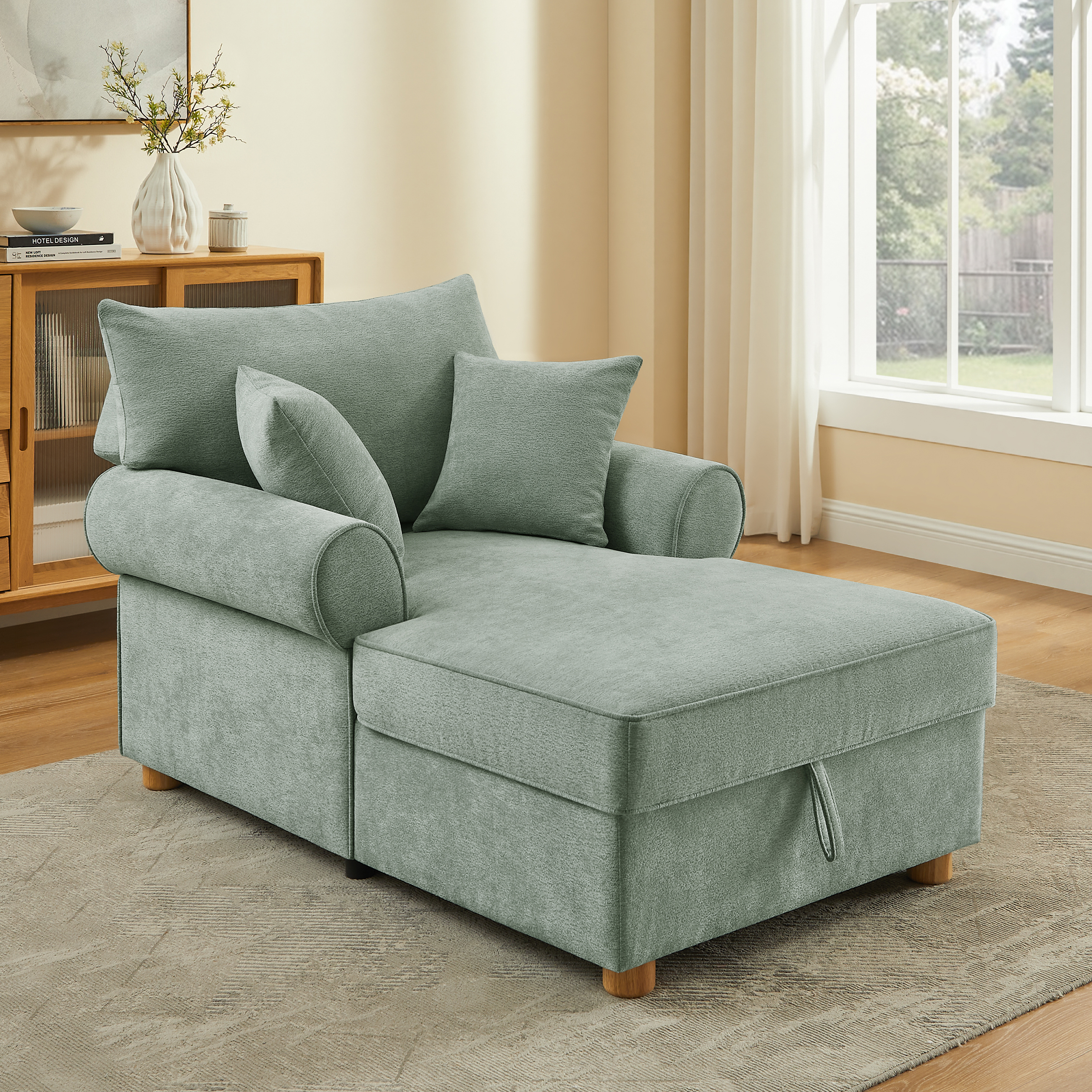 Adjustable Chaise Lounge Chair with Storage Chenille Pillows for Living Room