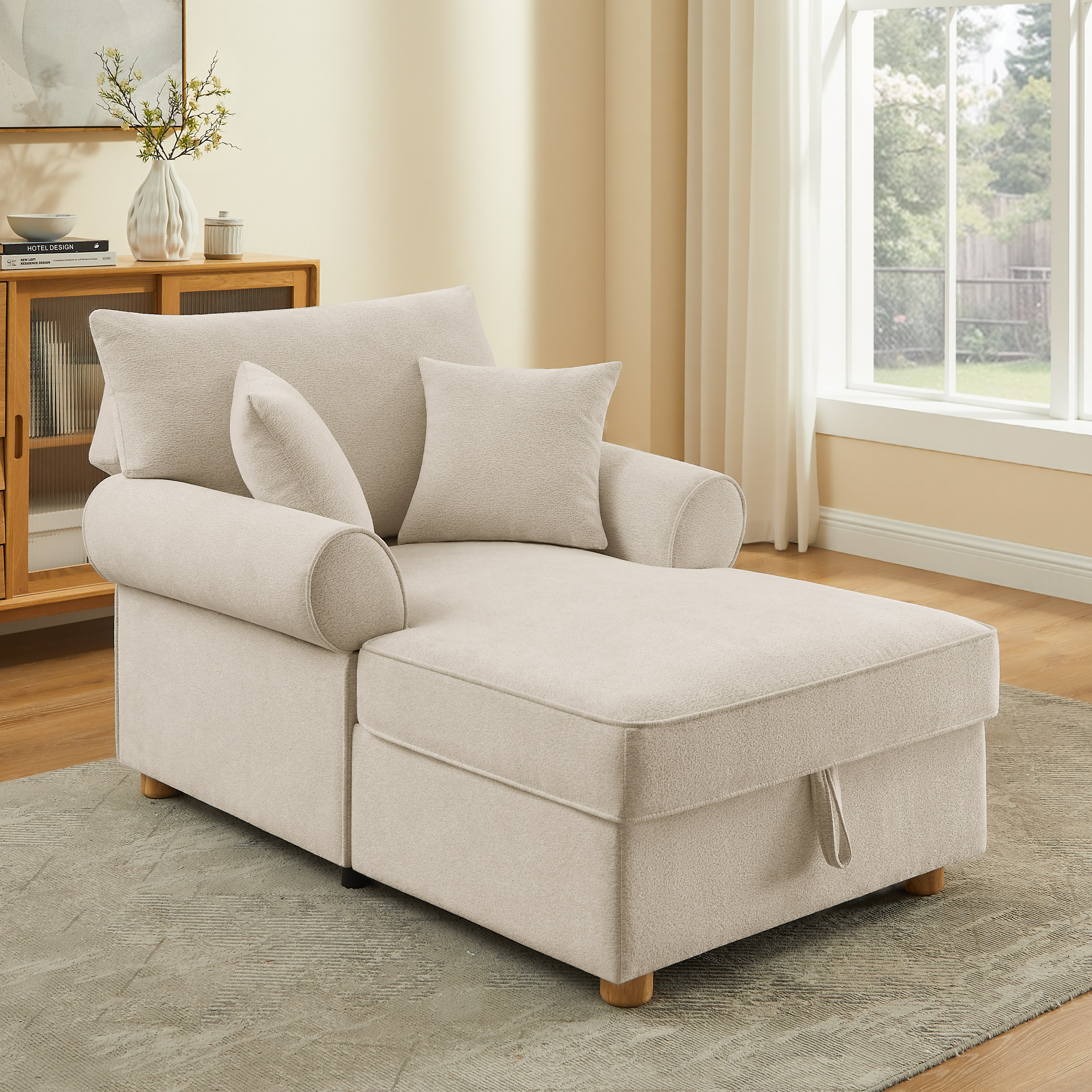Adjustable Chaise Lounge Chair with Storage Chenille Pillows for Living Room