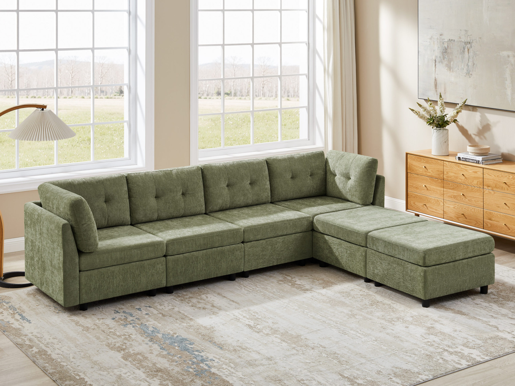 Modular L/U Shaped Chenille Sectional Sofa with Ottoman for Living Room