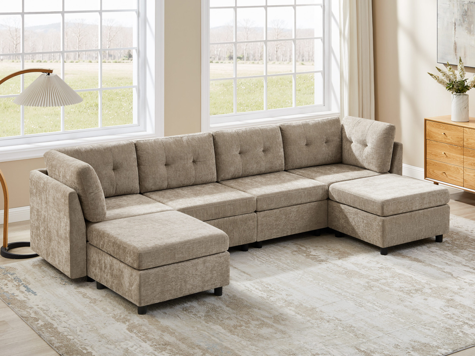 Modular L/U Shaped Chenille Sectional Sofa with Ottoman for Living Room