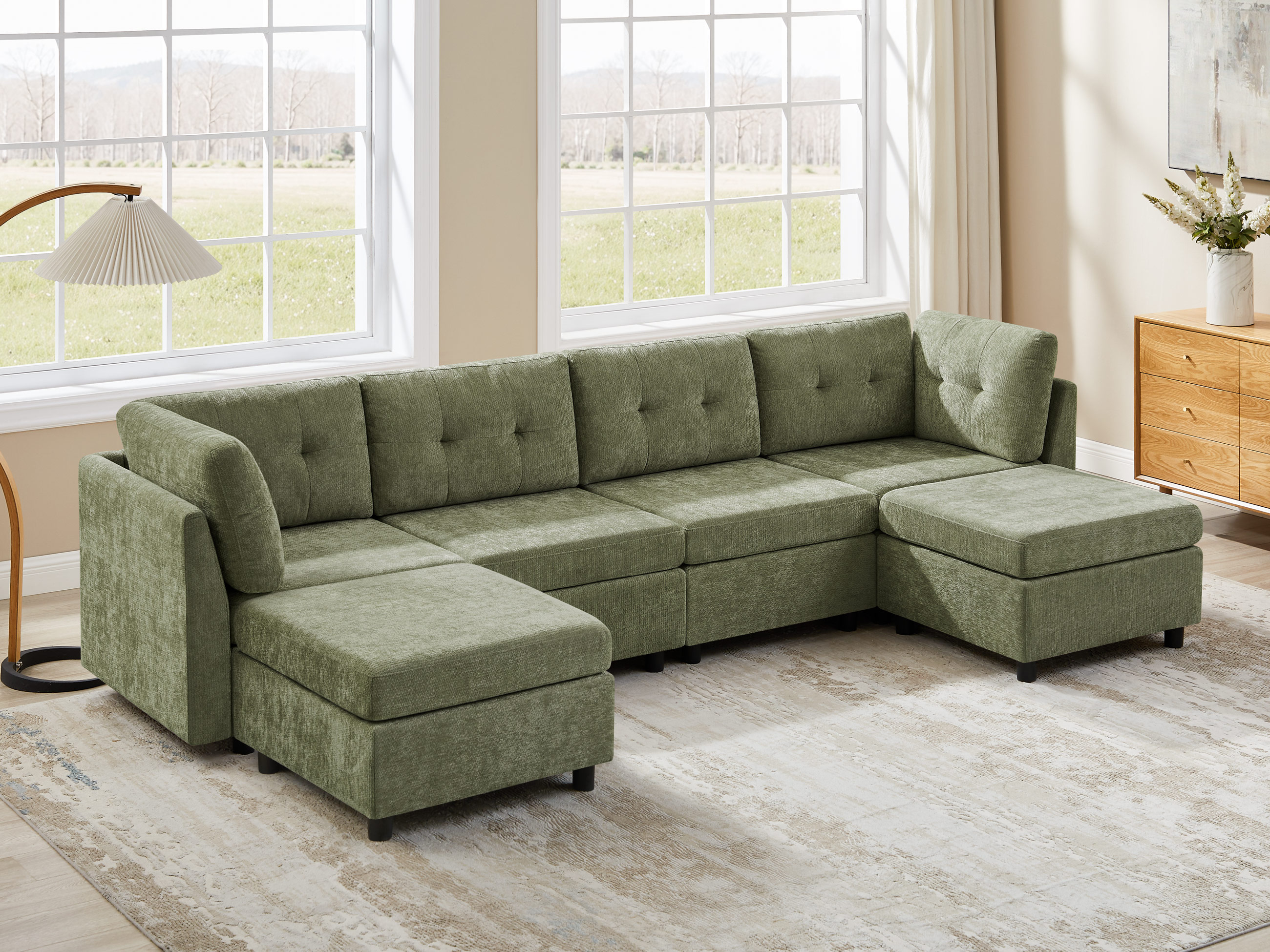 Modular L/U Shaped Chenille Sectional Sofa with Ottoman for Living Room