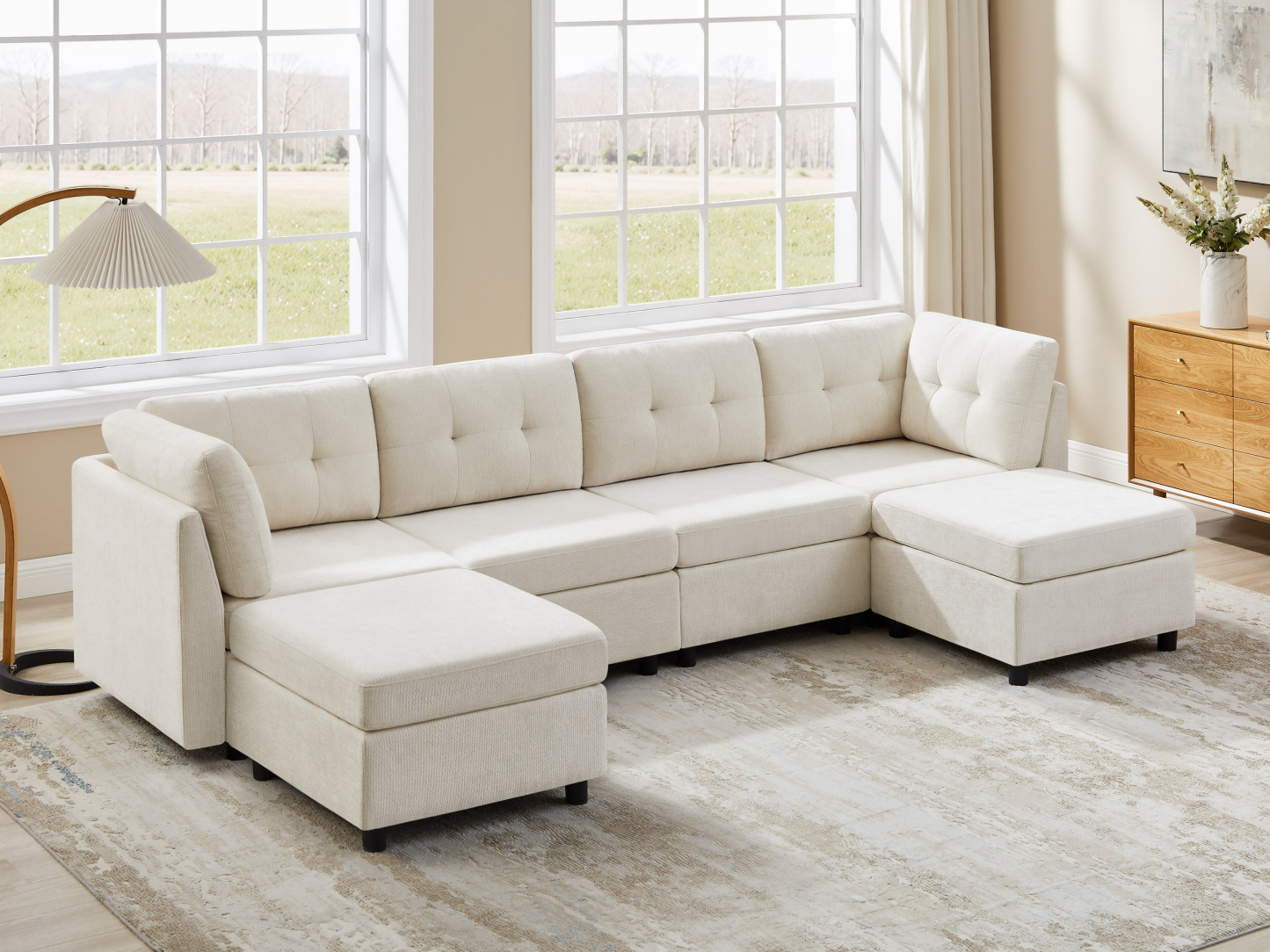 Modular L/U Shaped Chenille Sectional Sofa with Ottoman for Living Room