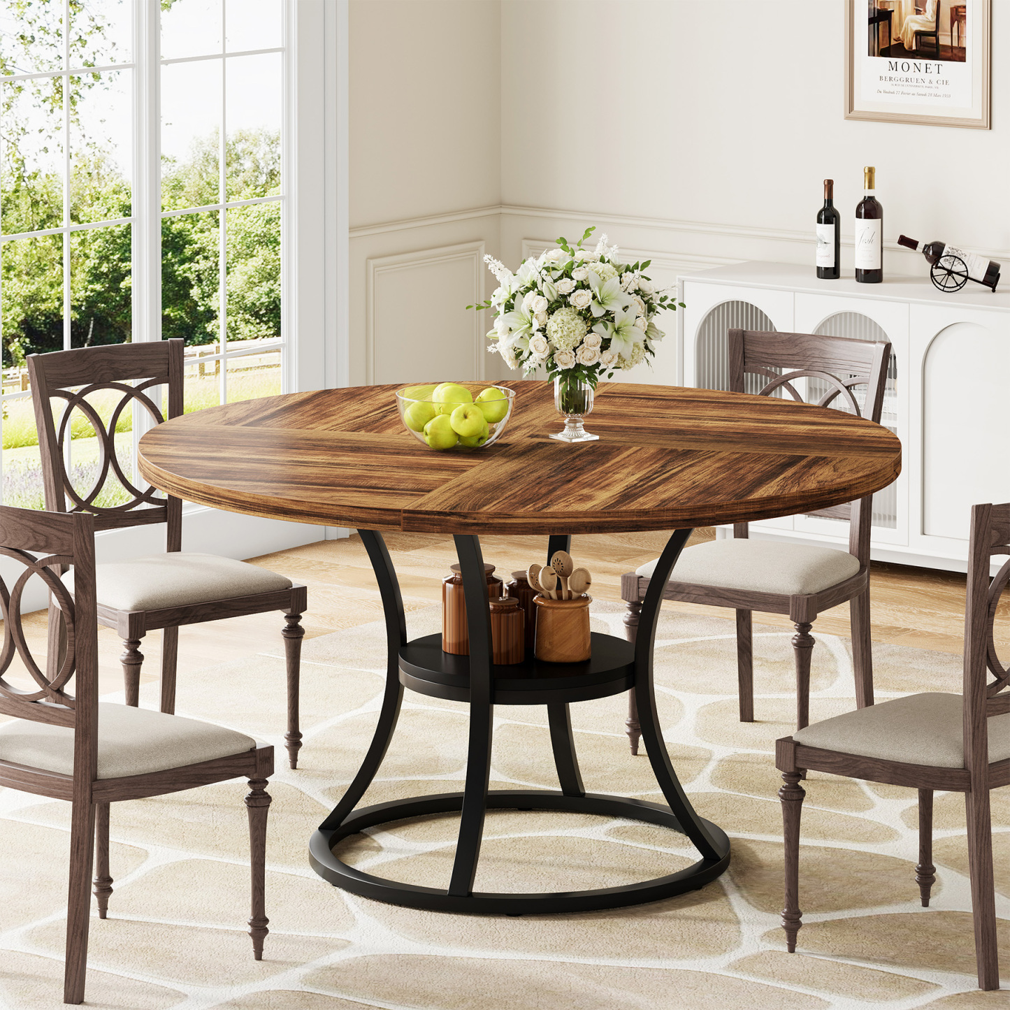47.24" Round Dining Table with Storage Shelf, Rustic Wood, Seats 4-6