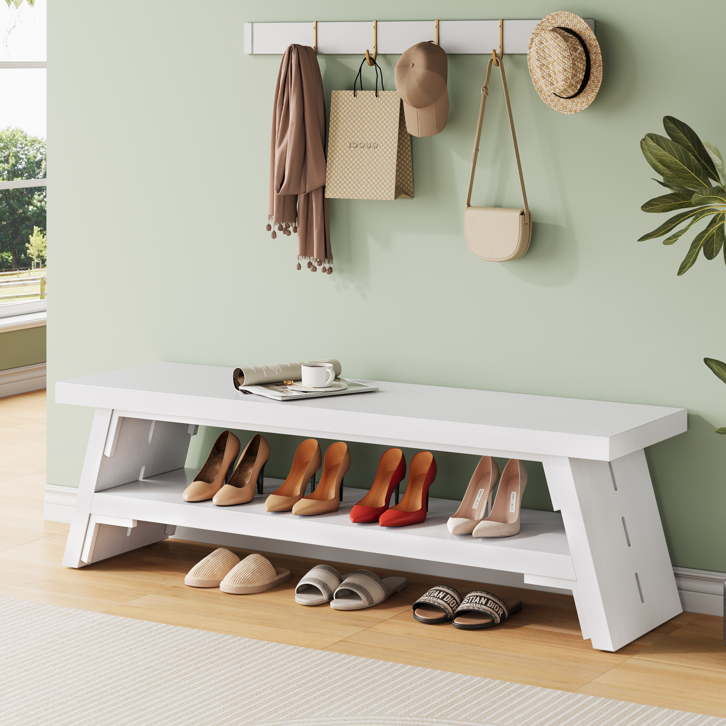 47 inch Shoe Bench For Entryway, 2-Tier Long Entry Bench