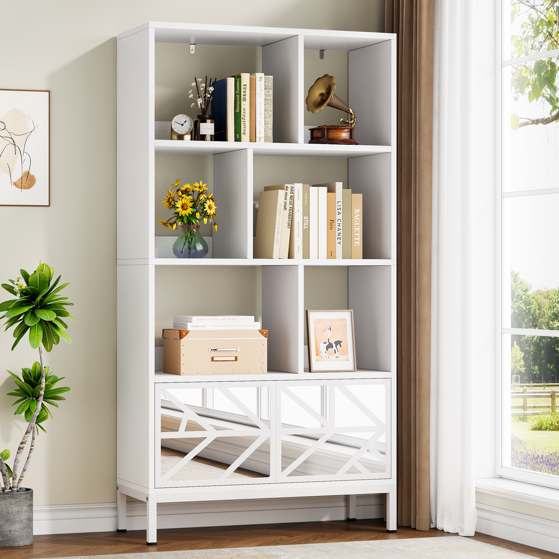 5-Tier White Bookshelf with Mirrored Doors