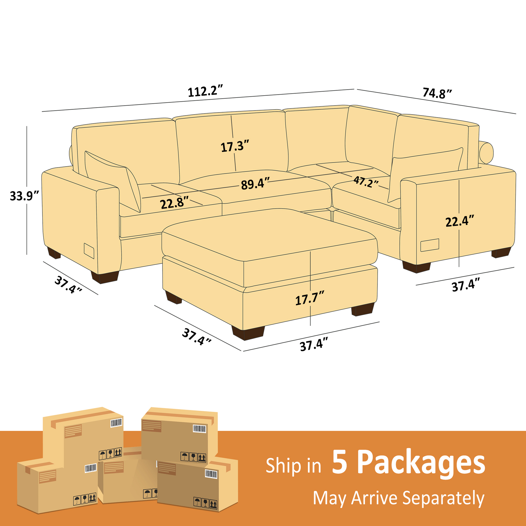 74.8''-149.6'' L/U Shaped Chenille Sofa with Ottomans & Outlets