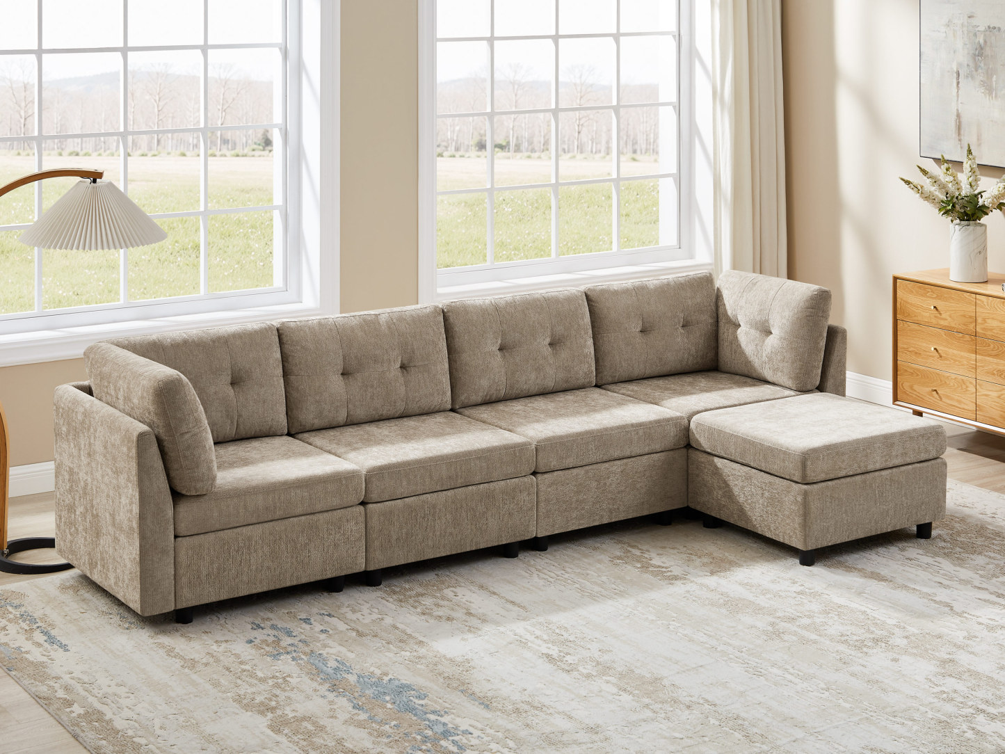 Modular L/U Shaped Chenille Sectional Sofa with Ottoman for Living Room