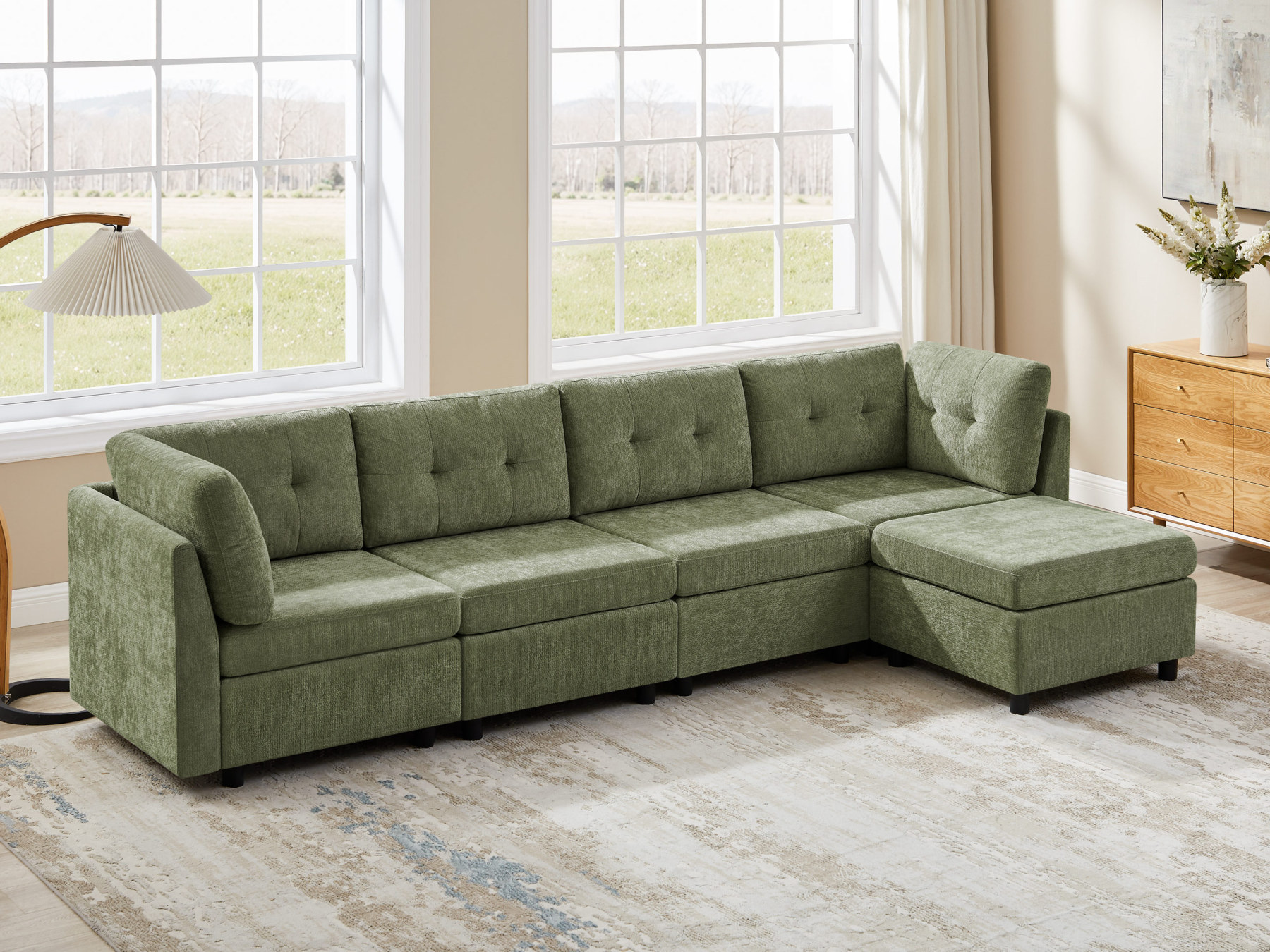 Modular L/U Shaped Chenille Sectional Sofa with Ottoman for Living Room