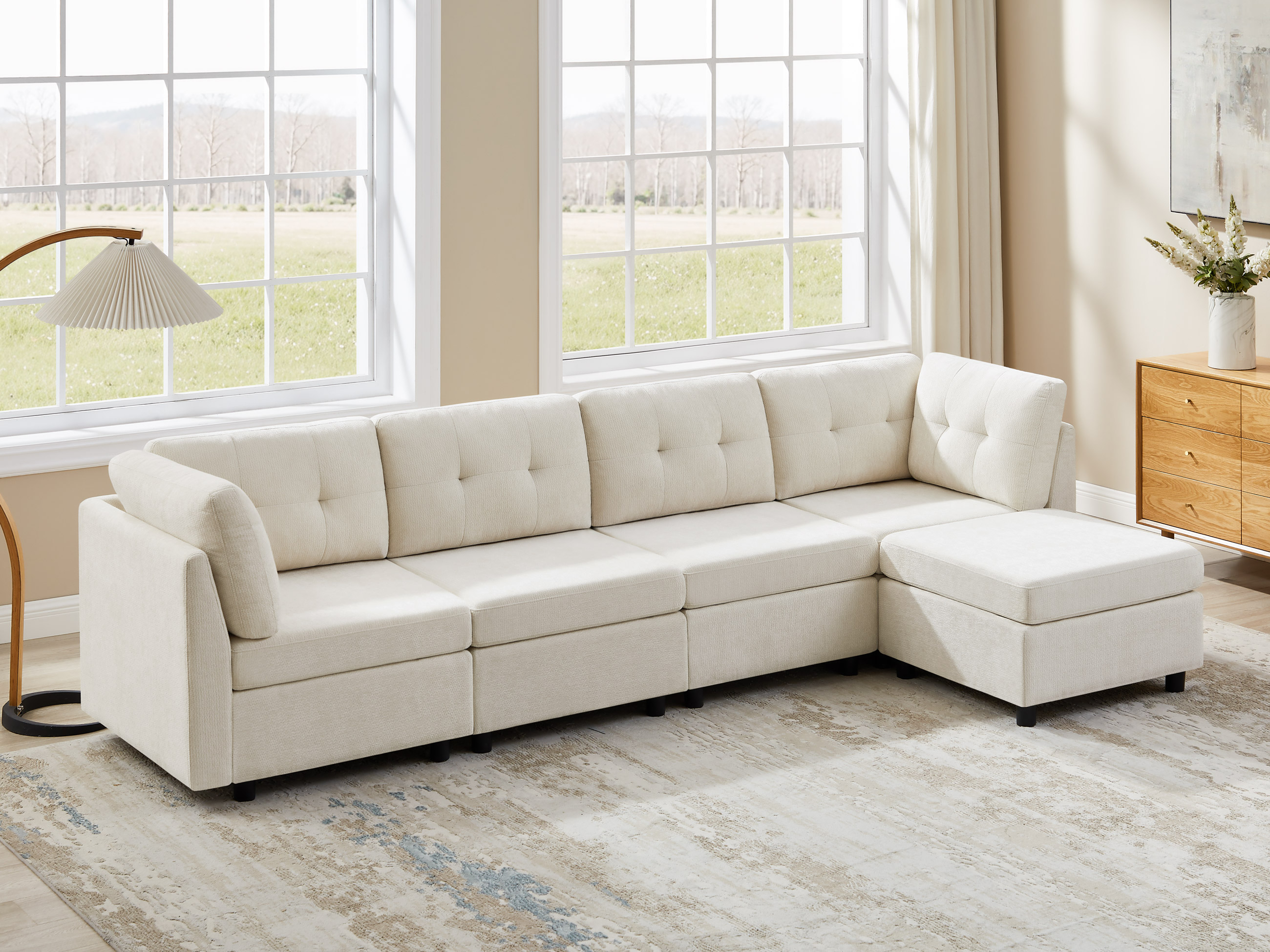 Modular L/U Shaped Chenille Sectional Sofa with Ottoman for Living Room