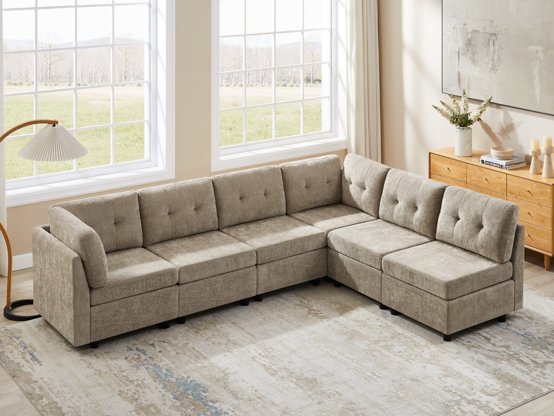 Modular L/U Shaped Chenille Sectional Sofa with Ottoman for Living Room