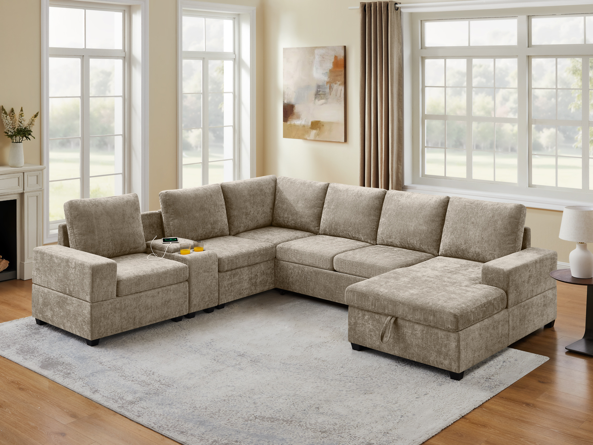 119.7" Pull Out Sofa Bed with Storage & Chaise for Living Room