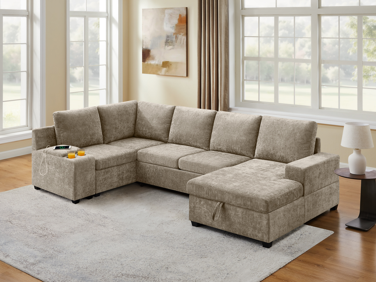 119.7" Pull Out Sofa Bed with Storage & Chaise for Living Room