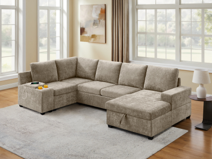 119.7" Pull Out Sofa Bed with Storage & Chaise for Living Room