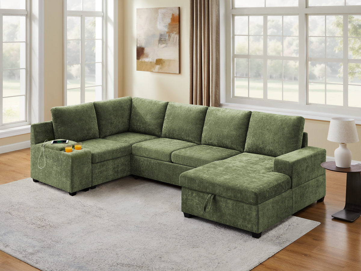 119.7" Pull Out Sofa Bed with Storage & Chaise for Living Room
