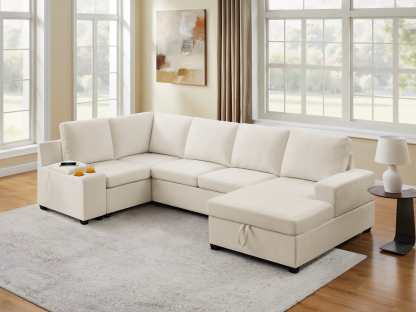 119.7" Pull Out Sofa Bed with Storage & Chaise for Living Room