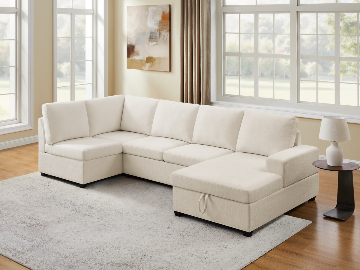 119.7" Pull Out Sofa Bed with Storage & Chaise for Living Room