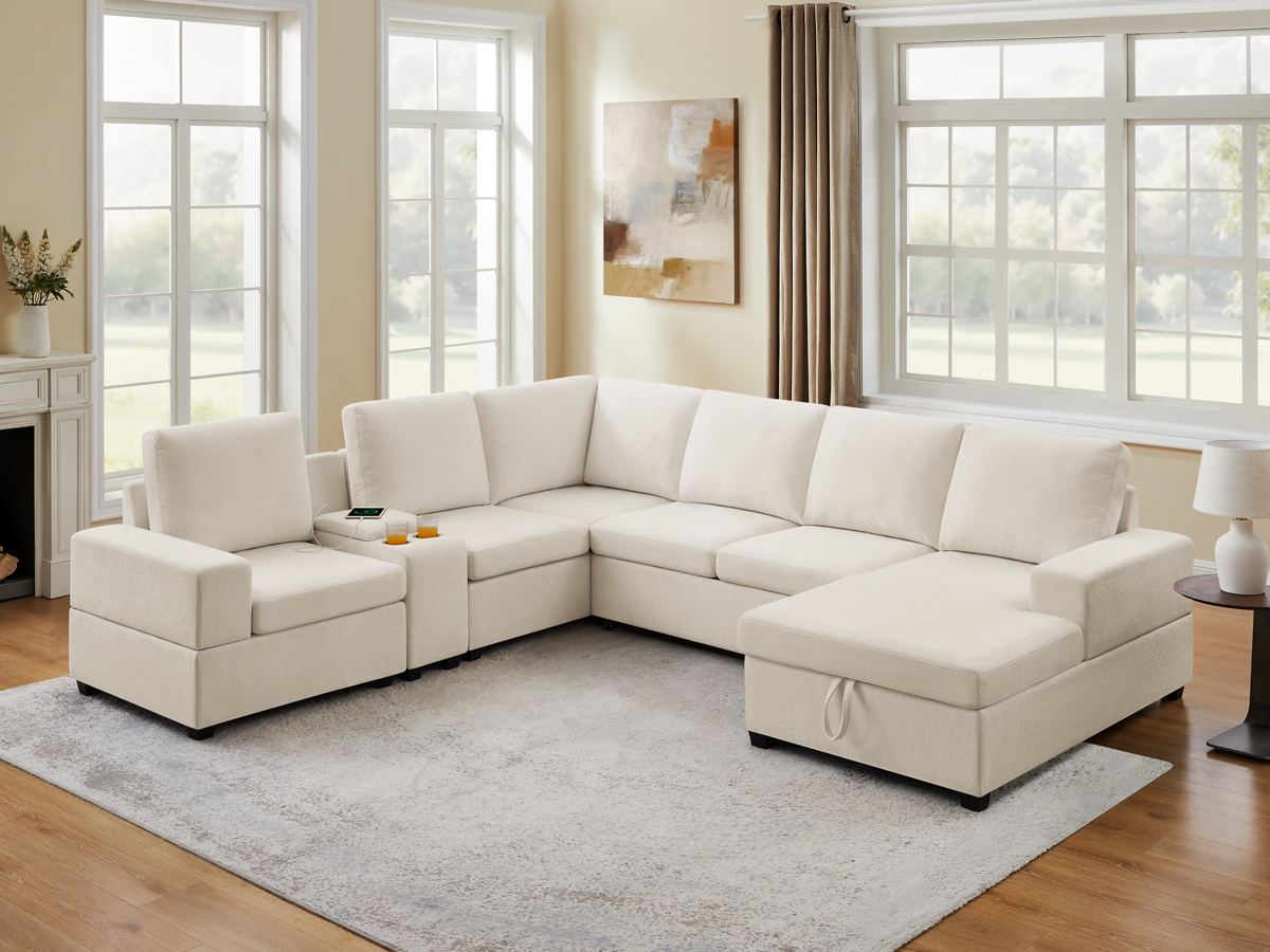 119.7" Pull Out Sofa Bed with Storage & Chaise for Living Room