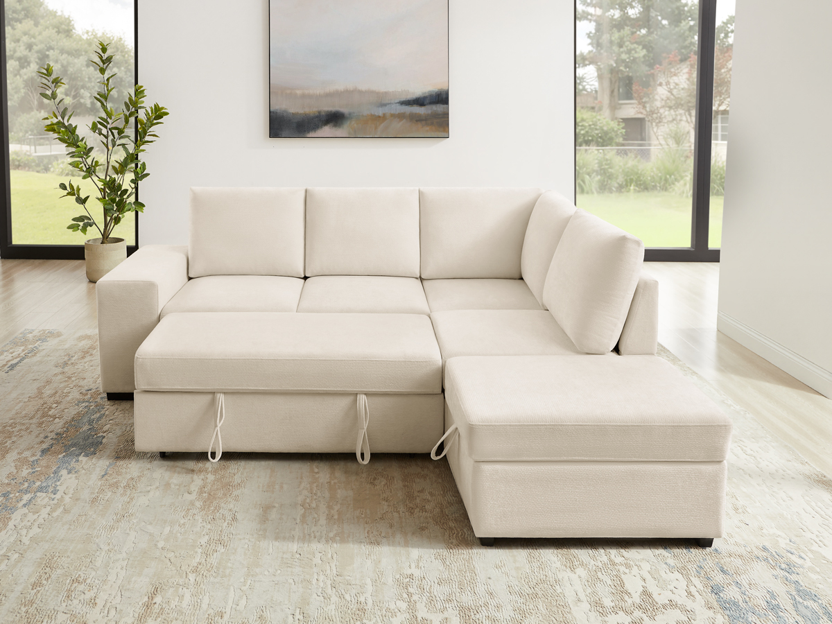 94.88" Convertible Pull Out Sofa Bed with Storage & Ottomans for Living Room