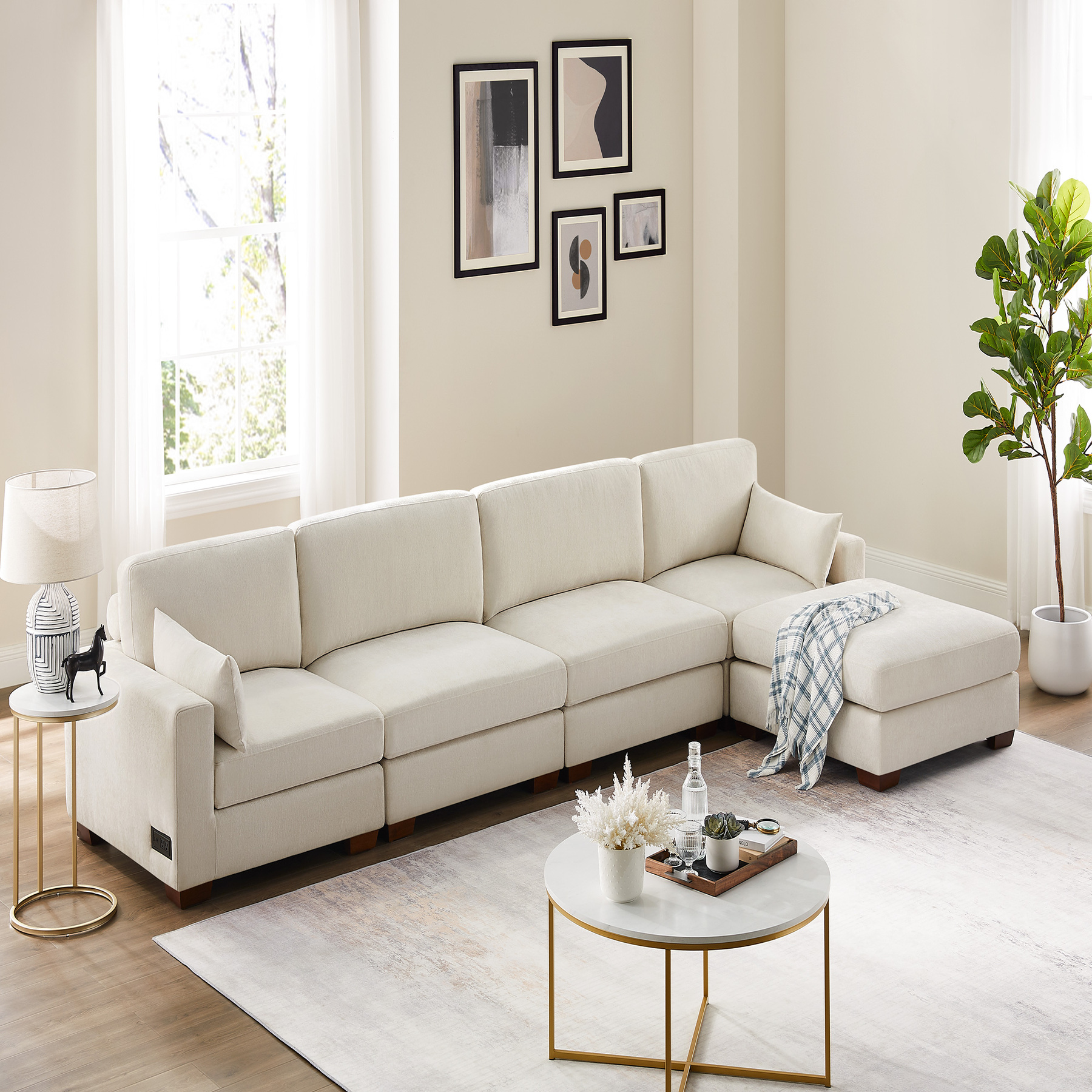 74.8''-149.6'' L/U Shaped Chenille Sofa with Ottomans & Outlets