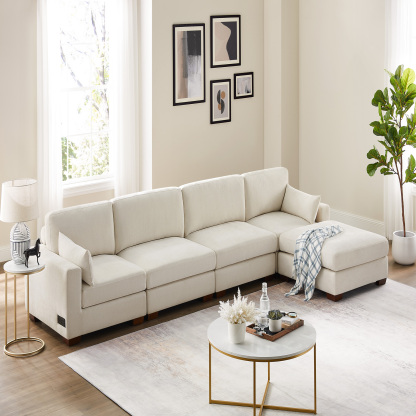 74.8''-149.6'' L/U Shaped Chenille Sofa with Ottomans & Outlets