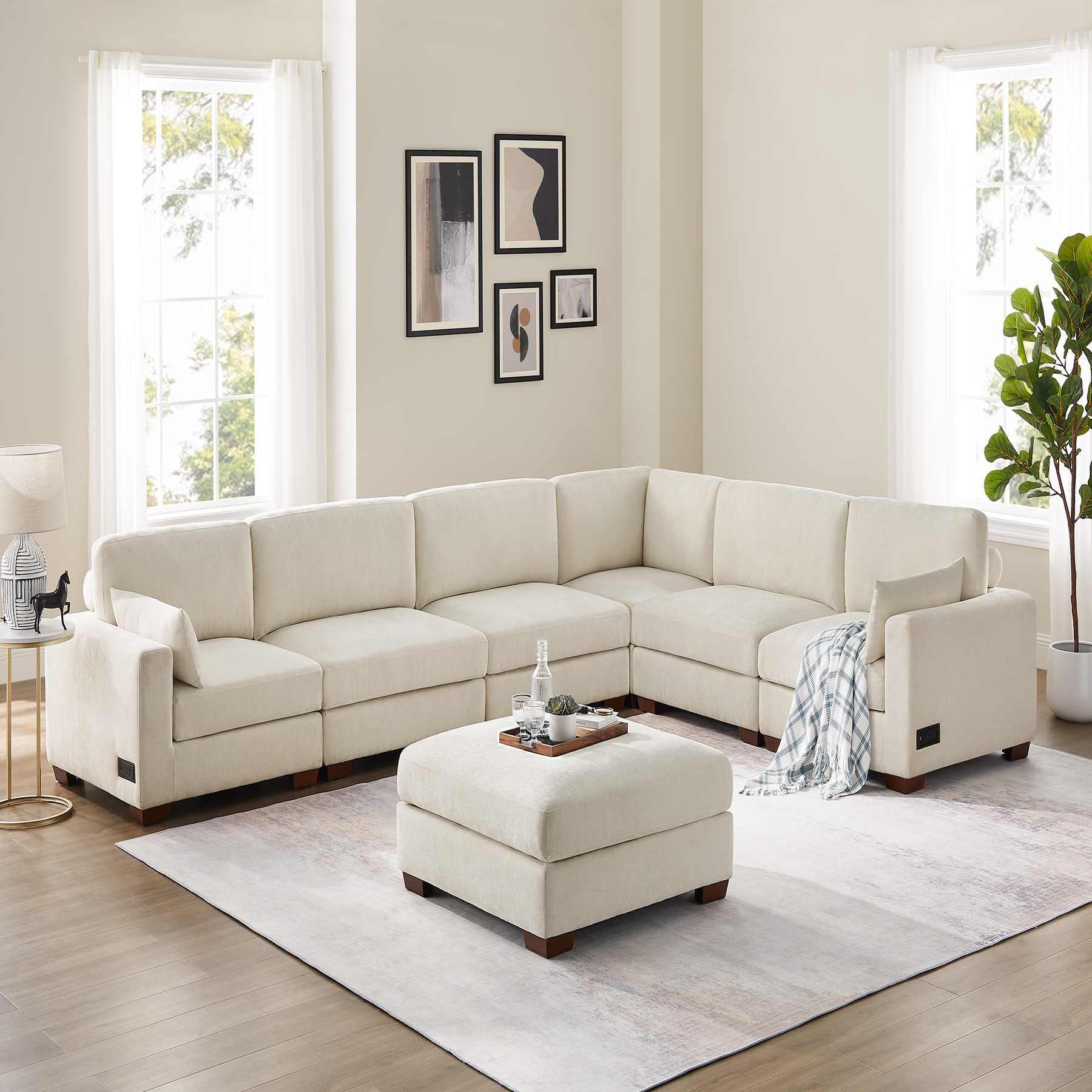 74.8''-149.6'' L/U Shaped Chenille Sofa with Ottomans & Outlets
