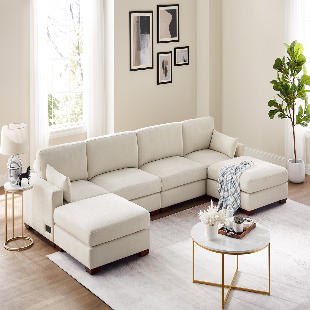 74.8''-149.6'' L/U Shaped Chenille Sofa with Ottomans & Outlets – VANOMi
