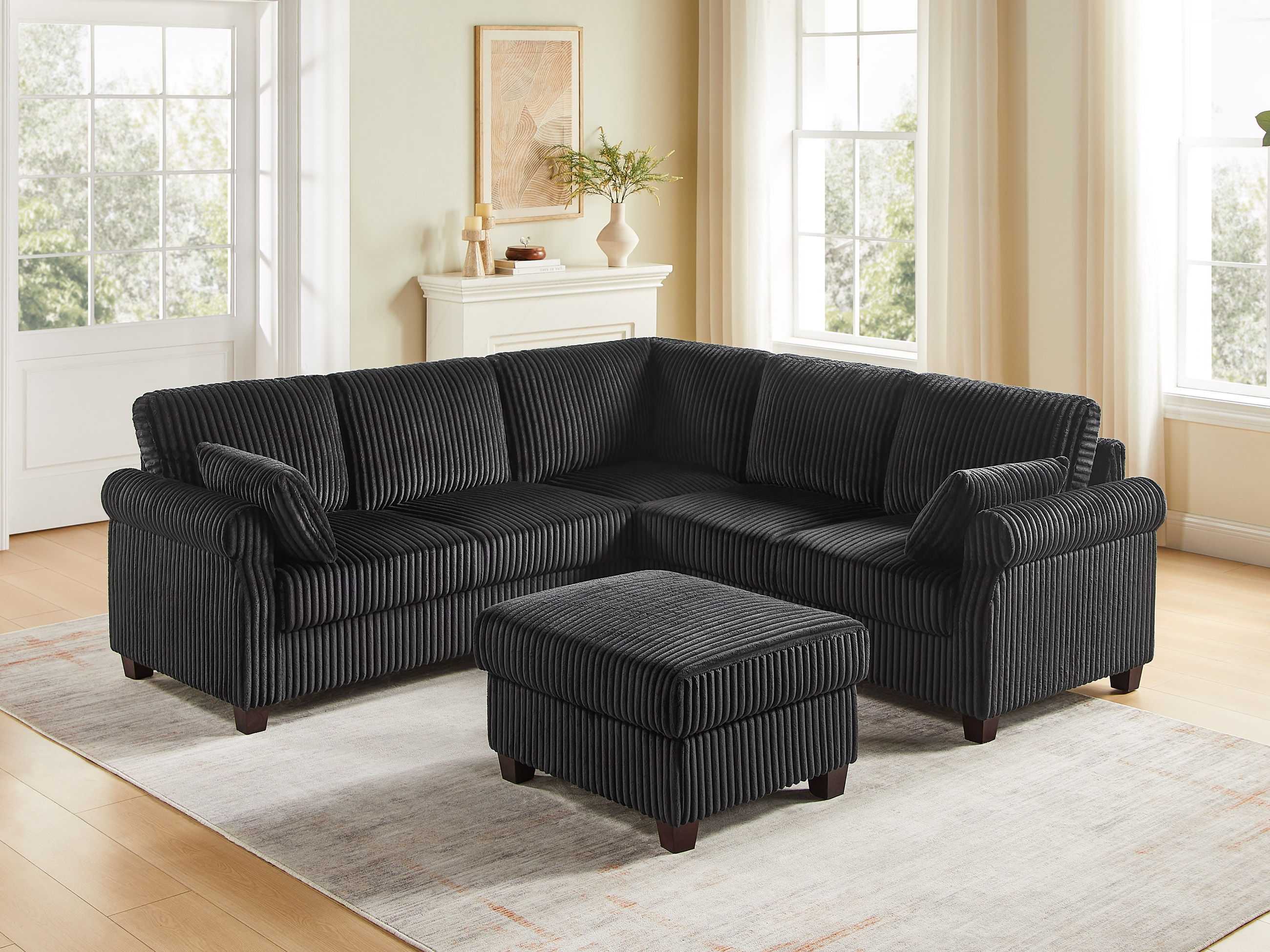 90.6" L-Shaped Modular Cloud Couch 6-Seat Corduroy Sectional with Storage Ottoman