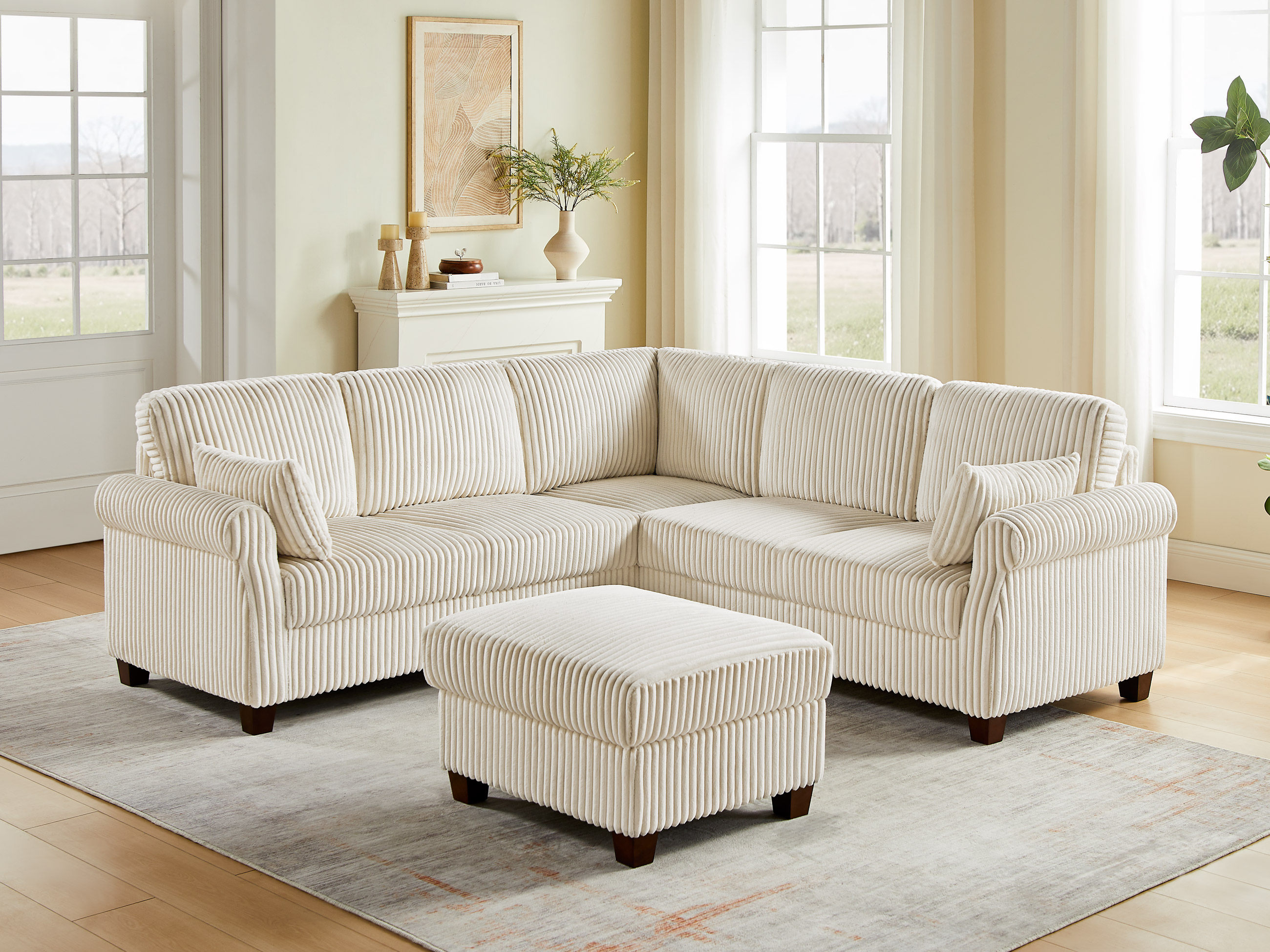 90.6" L-Shaped Modular Cloud Couch 6-Seat Corduroy Sectional with Storage Ottoman