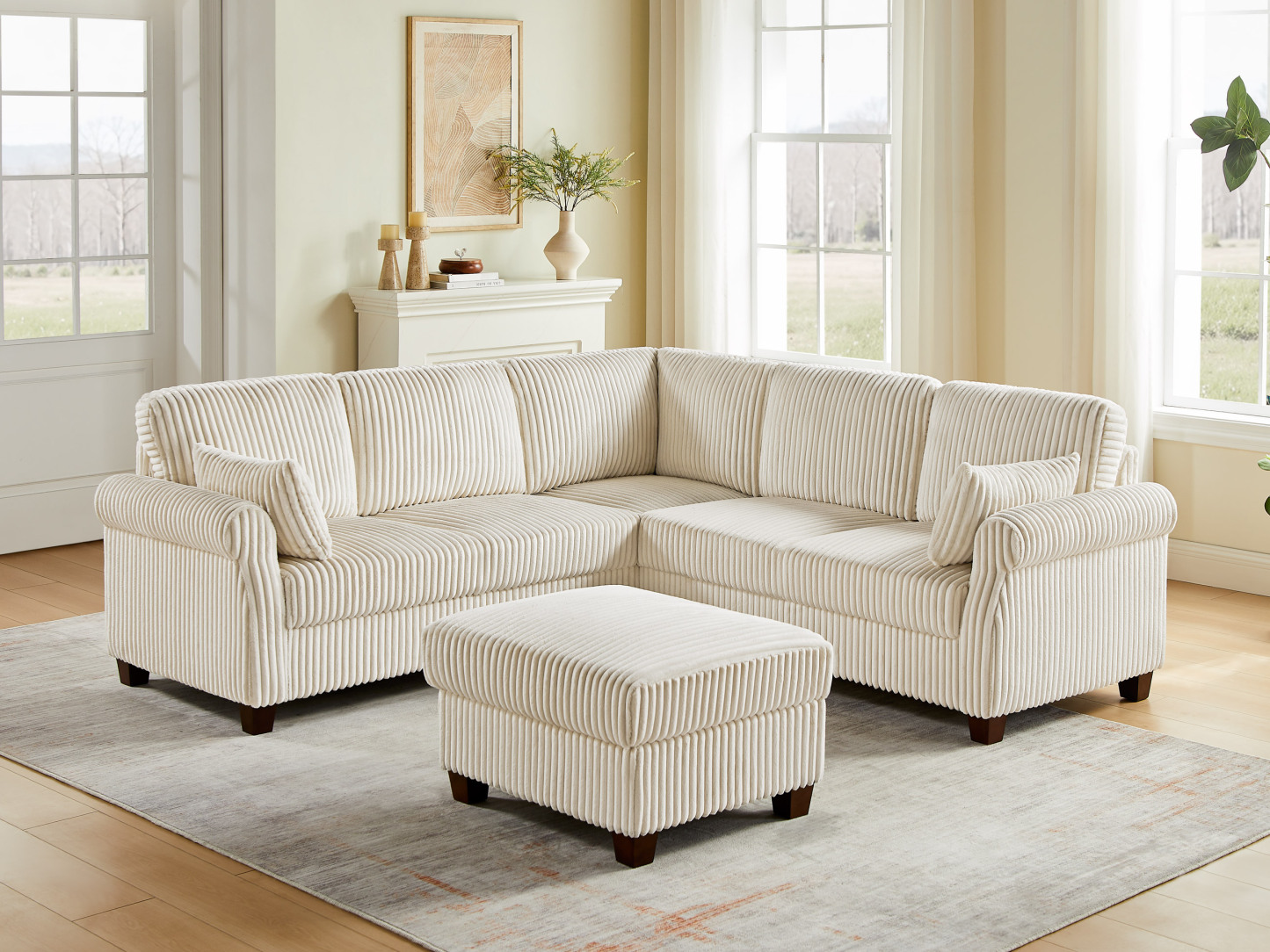 90.6" L-Shaped Modular Cloud Couch 6-Seat Corduroy Sectional with Storage Ottoman