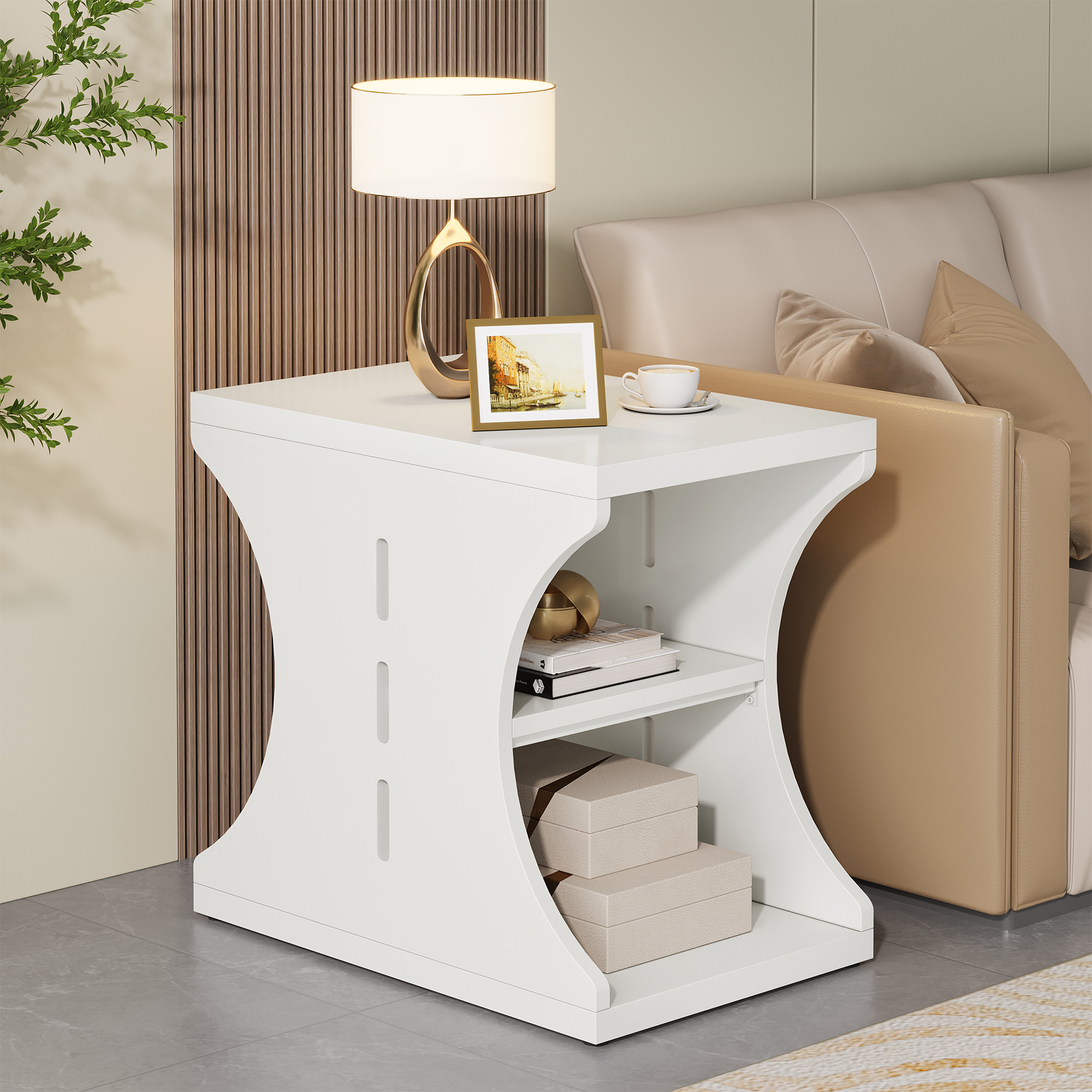 Farmhouse End Table with 3-Tier Storage for Living Room, Bedroom
