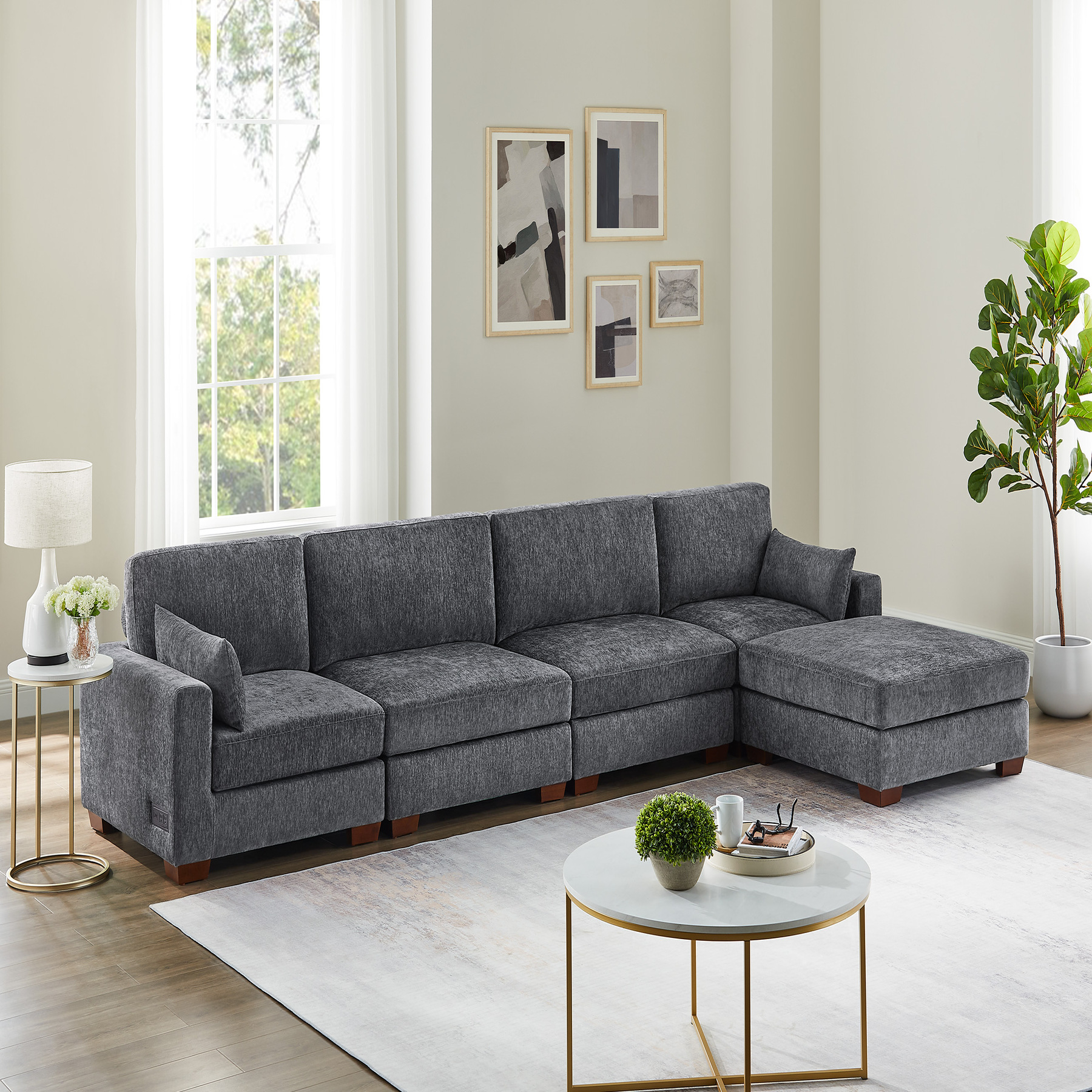 74.8''-149.6'' L/U Shaped Chenille Sofa with Ottomans & Outlets