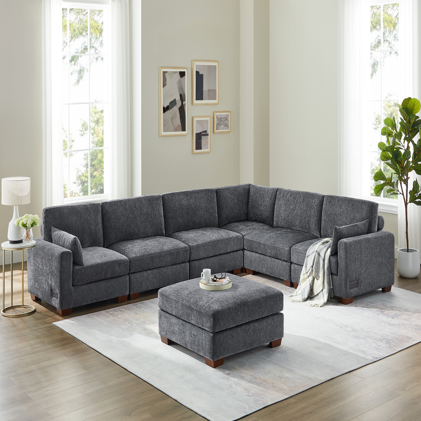 74.8''-149.6'' L/U Shaped Chenille Sofa with Ottomans & Outlets