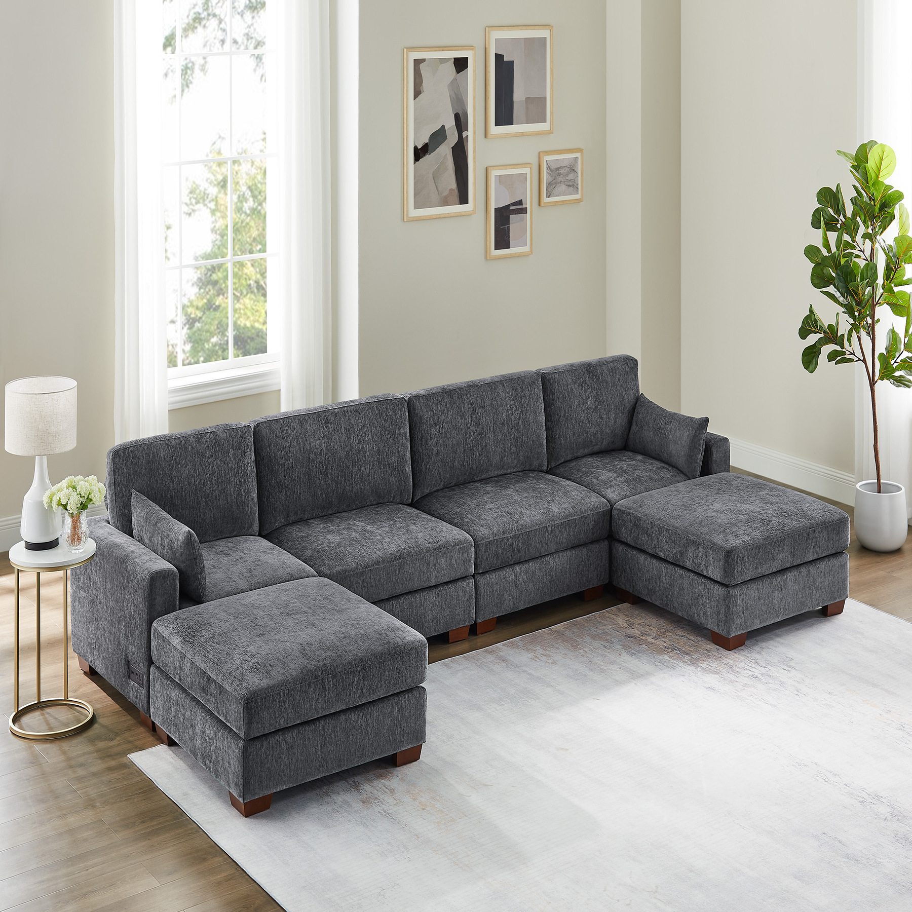 74.8''-149.6'' L/U Shaped Chenille Sofa with Ottomans & Outlets