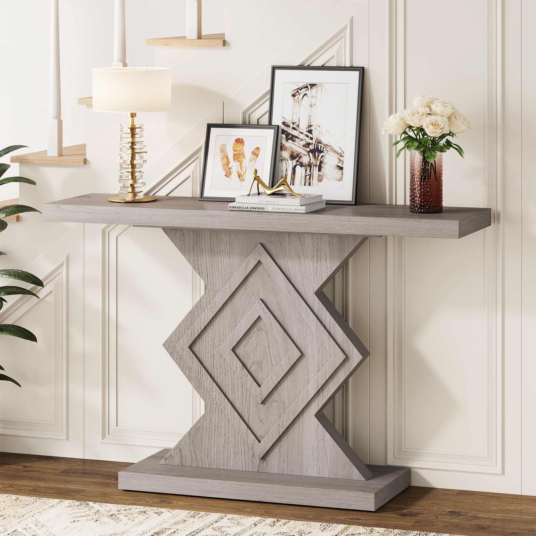 43" Console Table with Geometric Base for Entryway & Living Room