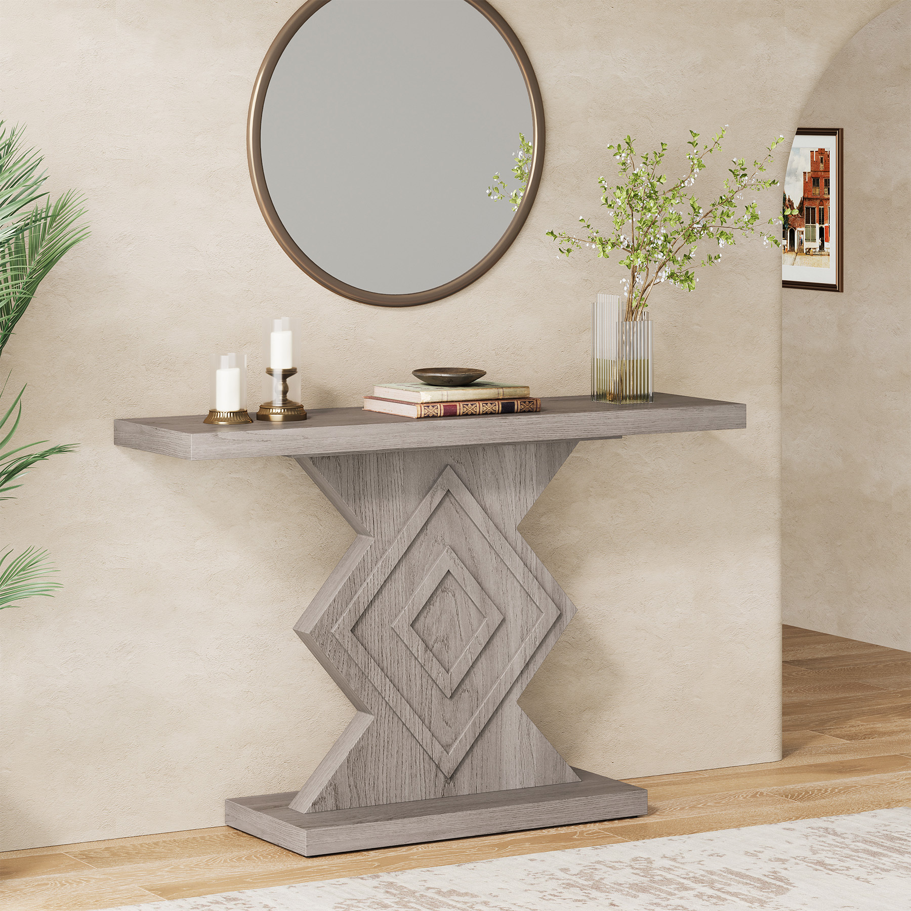 43" Console Table with Geometric Base for Entryway & Living Room