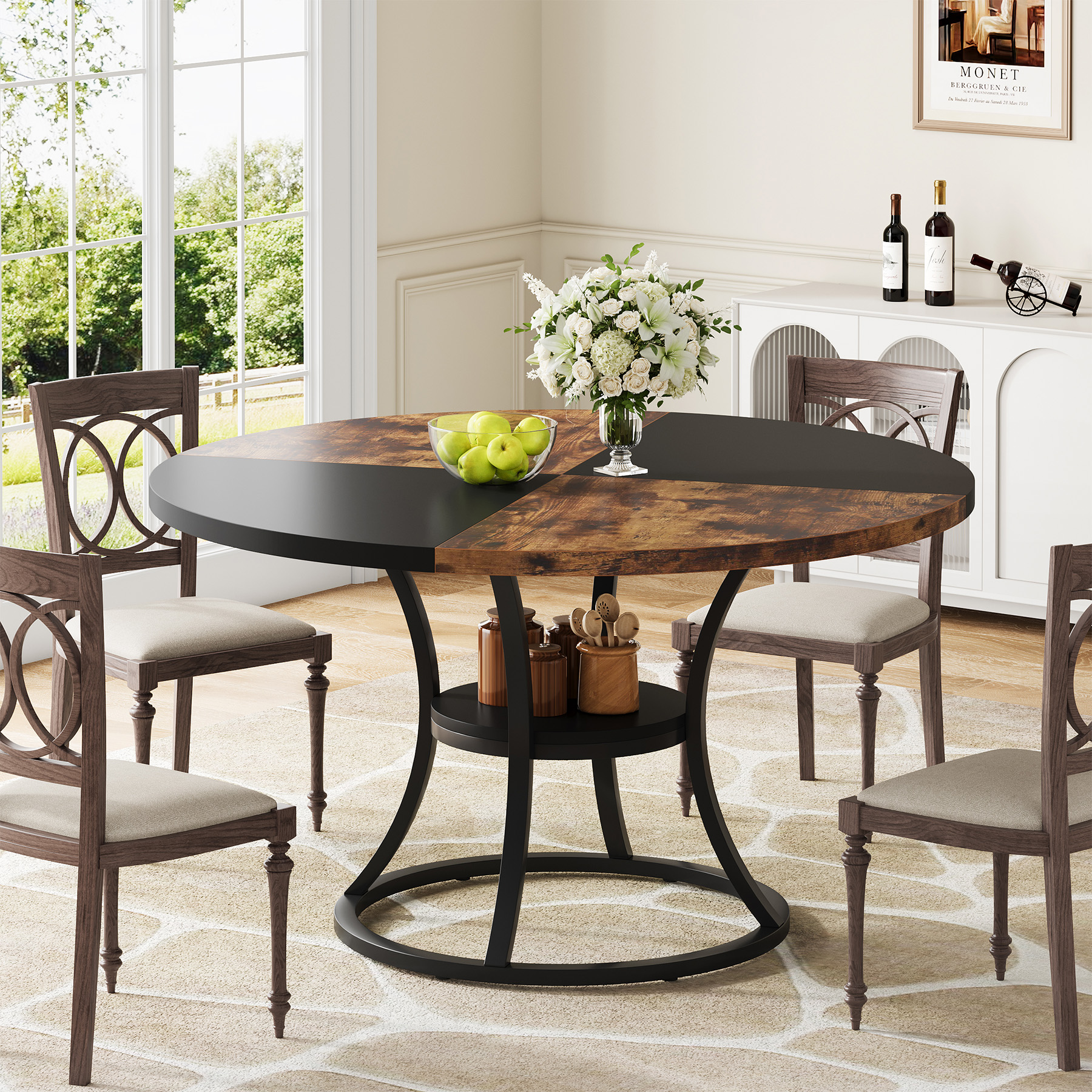47.24" Round Dining Table with Storage Shelf, Color-Block Wood, Seats 4-6