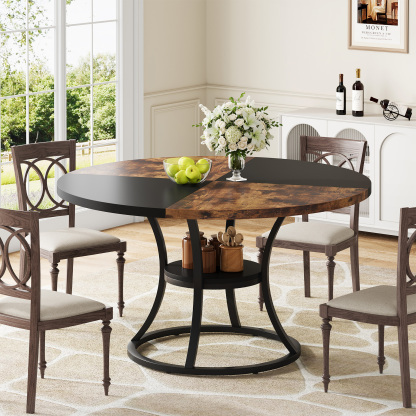 47.24" Round Dining Table with Storage Shelf, Color-Block Wood, Seats 4-6