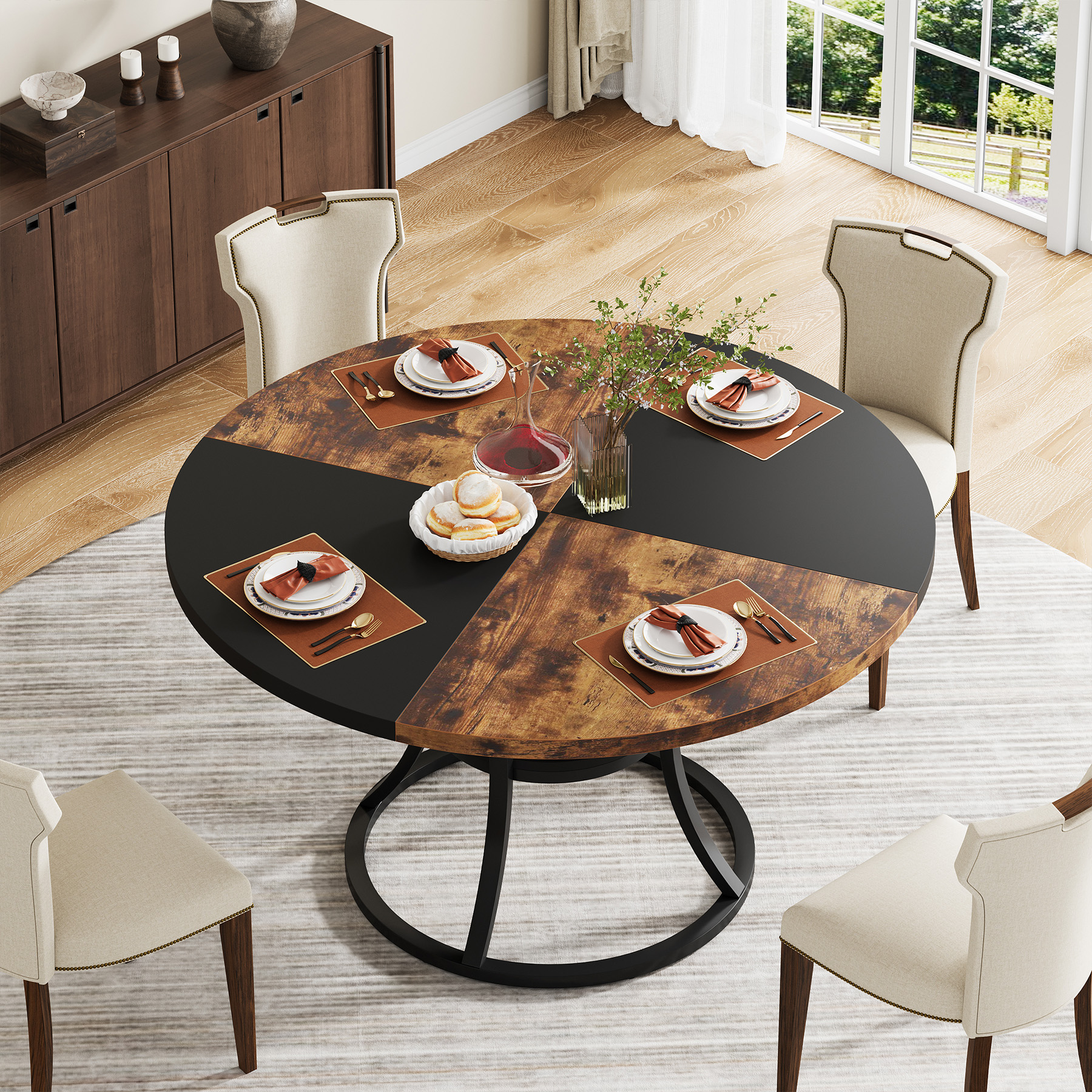 Round Dining Table with Storage Shelf, Rustic Wood, Seats