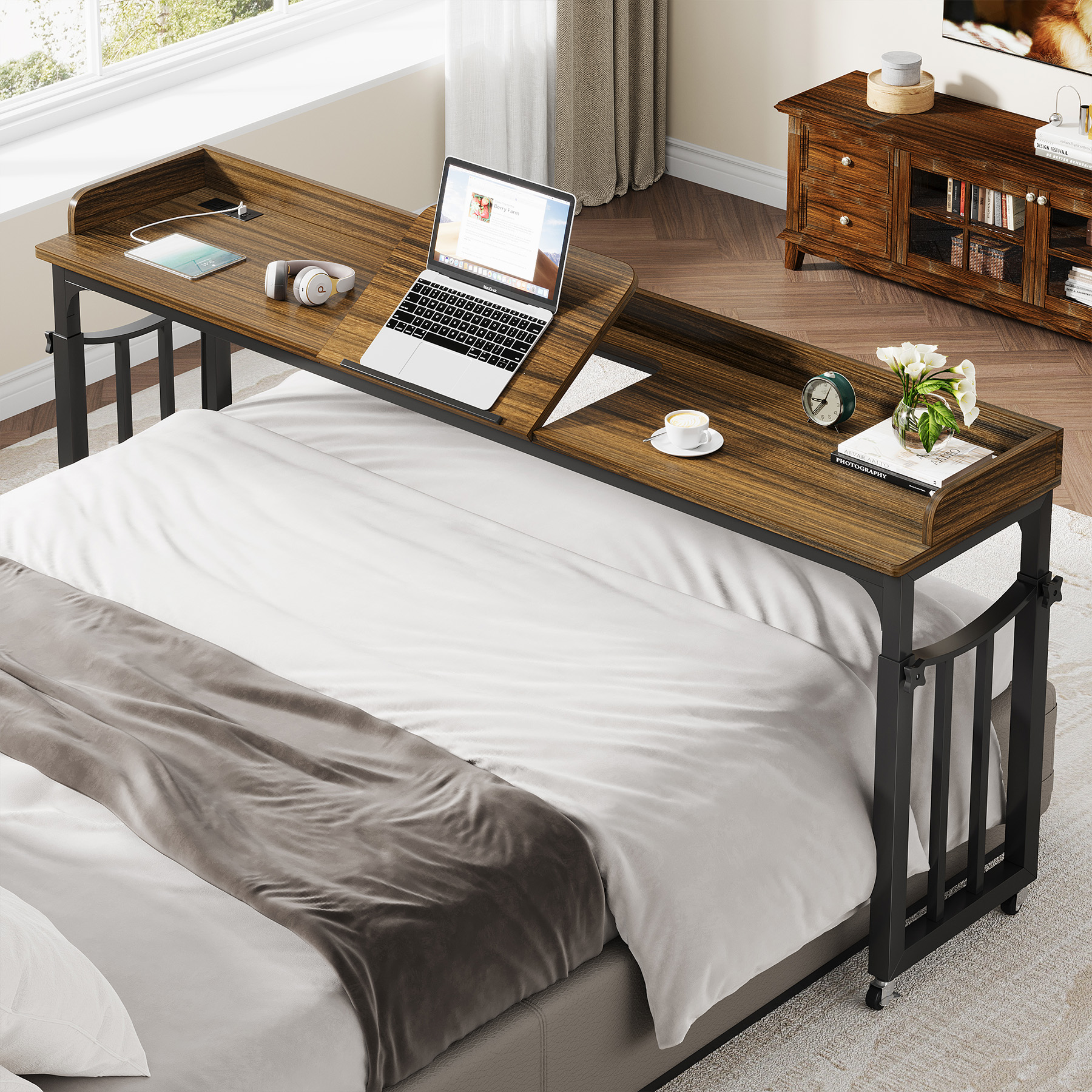 70.8 Adjustable Overbed Table with Wheels Tilt Power Outlets